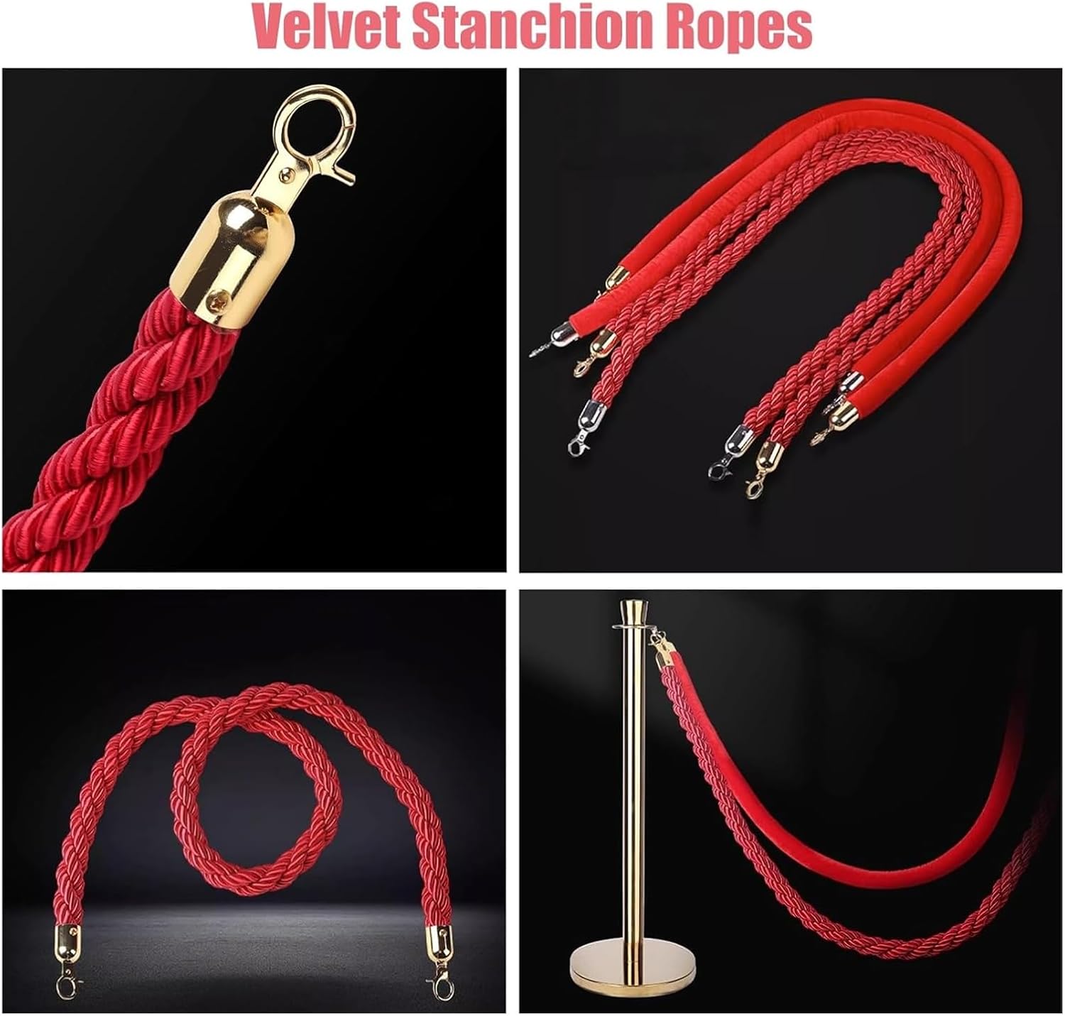 Red Velvet Stanchion Rope - 4 Pack Crowd Control Barrier Ropes, 3ft Twisted Post Ropes with Braided Silver Hooks for Events, Parties, and Line Management