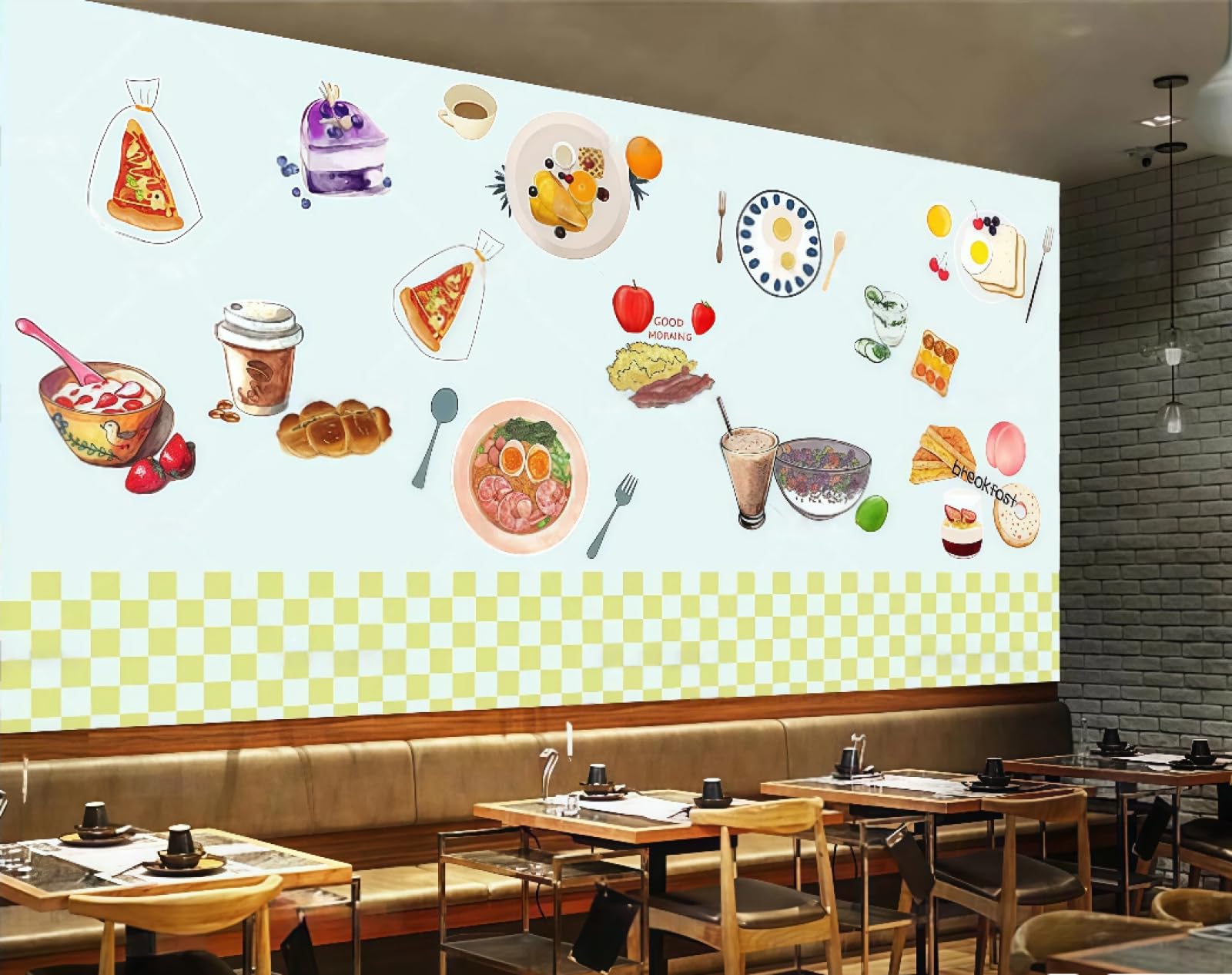 Xdoubao 3D Wallpaper Creative Hand-Painted Pizza Bakery Breakfast Gourmet Drinks Coffee Shop Background Mural Western Restaurant Wallpaper,,300X210cm