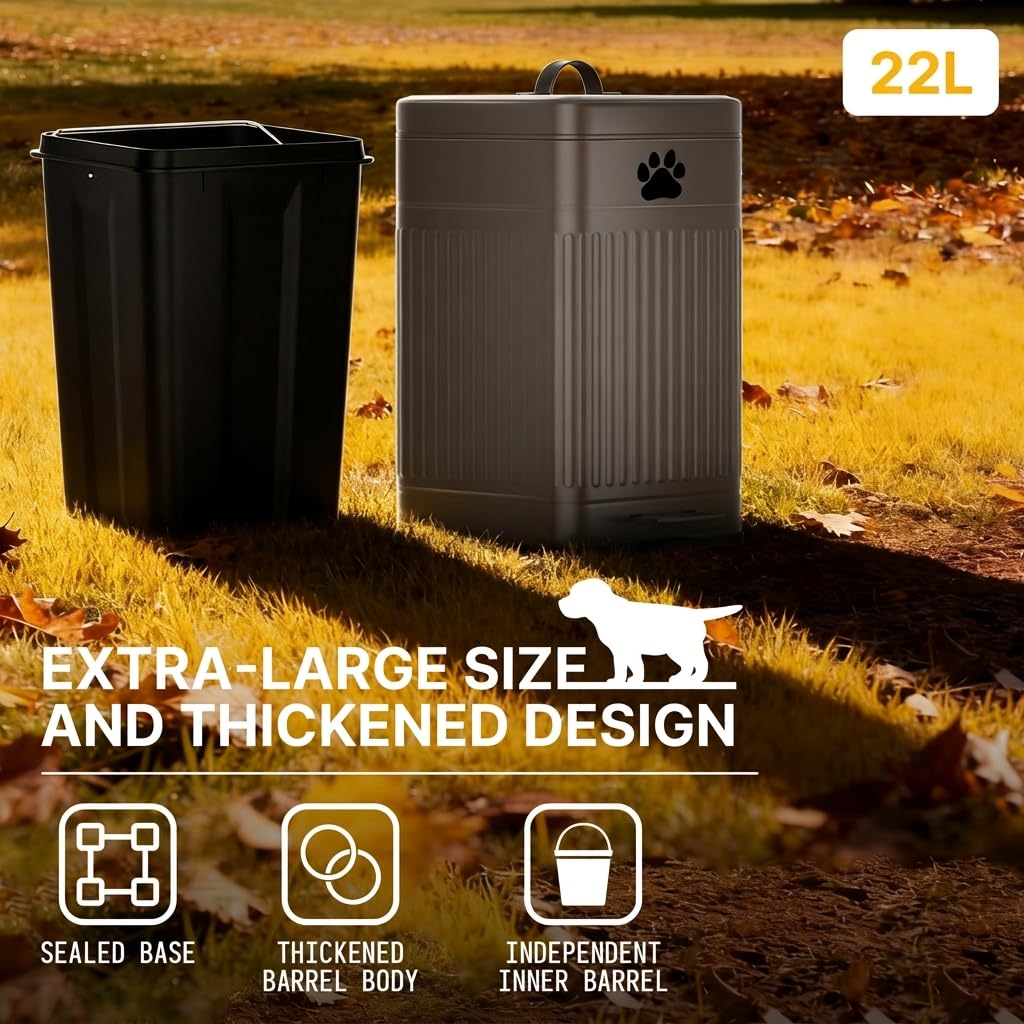 dog poop trash can outside - 22l/6gal metal outdoor trash can with lid, dog waste container with 20 bags, pet poop bucket with soft close for backyard odor control, rectangular brown 22l rectangular brown trash can
