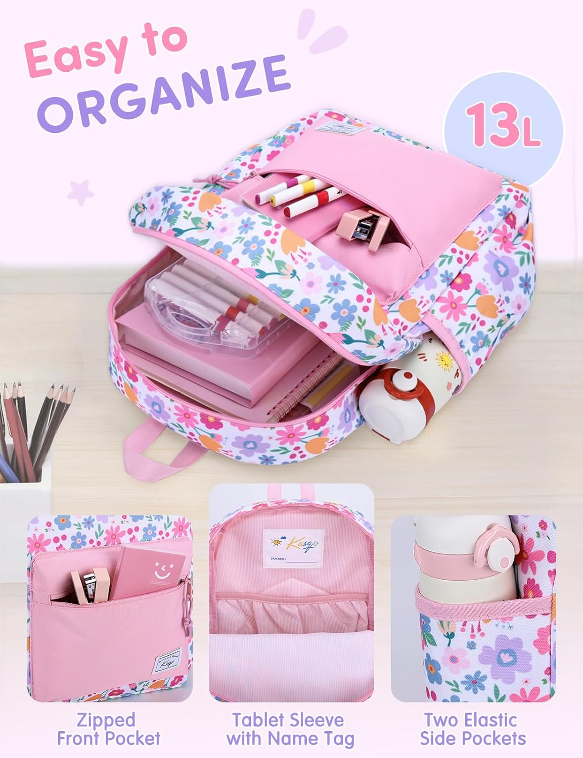 Kasqo Kids Backpack, Water-Resistant Elementary & Primary School Bag for Boys Girls 4-8 Years, 15" H, Fits A4 Folders