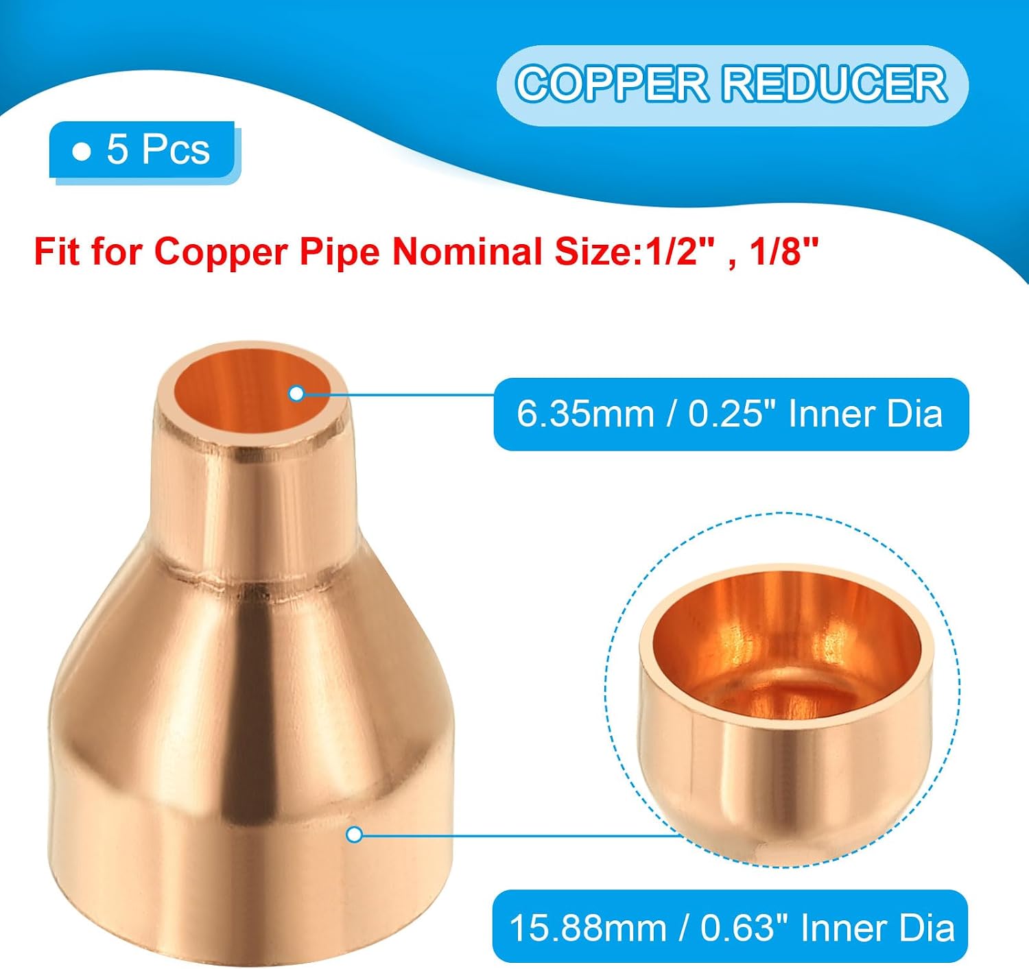 PATIKIL 1/2" to 1/8" Nominal Size Copper Reducer, 5pcs 99.9% Pure Copper Reducing Coupling Pressure Fitting Pipe Tube Connector Adapter with Sweat Solder