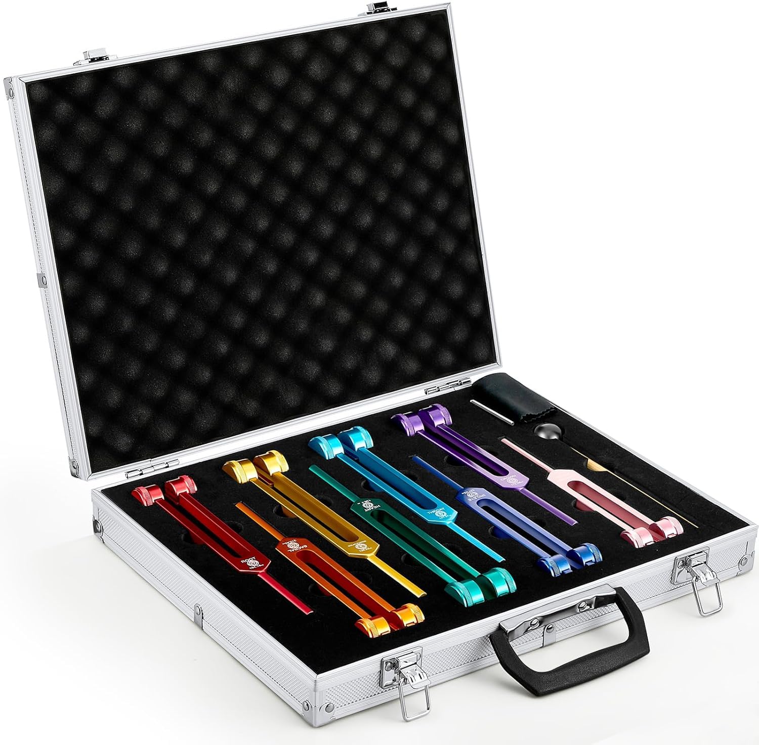 Diapason Therapeutique, Diapasons avec 1 Marteaux en Silicone et Chiffon de Nettoyage, Set de 8 Diapasons de Fréquences Différentes Idéal pour la Thérapie des Chakras, le Soulagement Stress