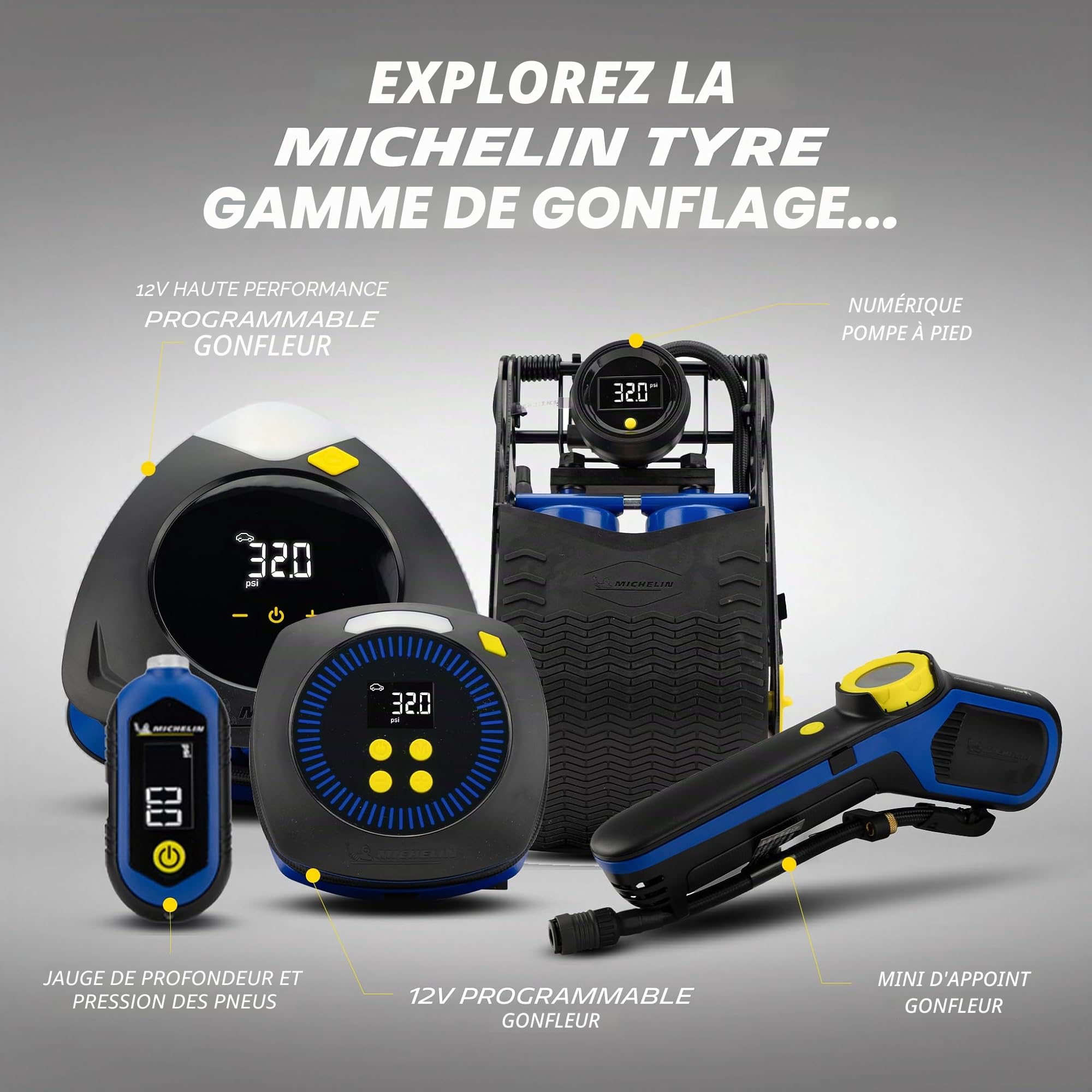 MICHELIN Jauge de pression des pneus de voiture numérique et jauge de profondeur de la bande de roulement des pneus - Rechargeable numérique lecteur de profondeur et de pression pour boîte à gants
