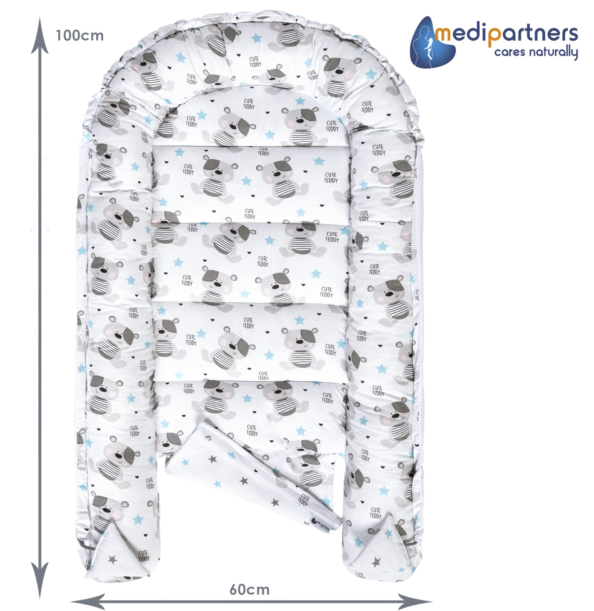 Medi Partners Riduttore Lettino Neonato - 100x60x15 Nido Antisoffoco Neonati 5-Parti Bozzolo Culla per Bebè neonata bilaterale Cuscino 100% Cotone (Teddy con Minky azzurro)