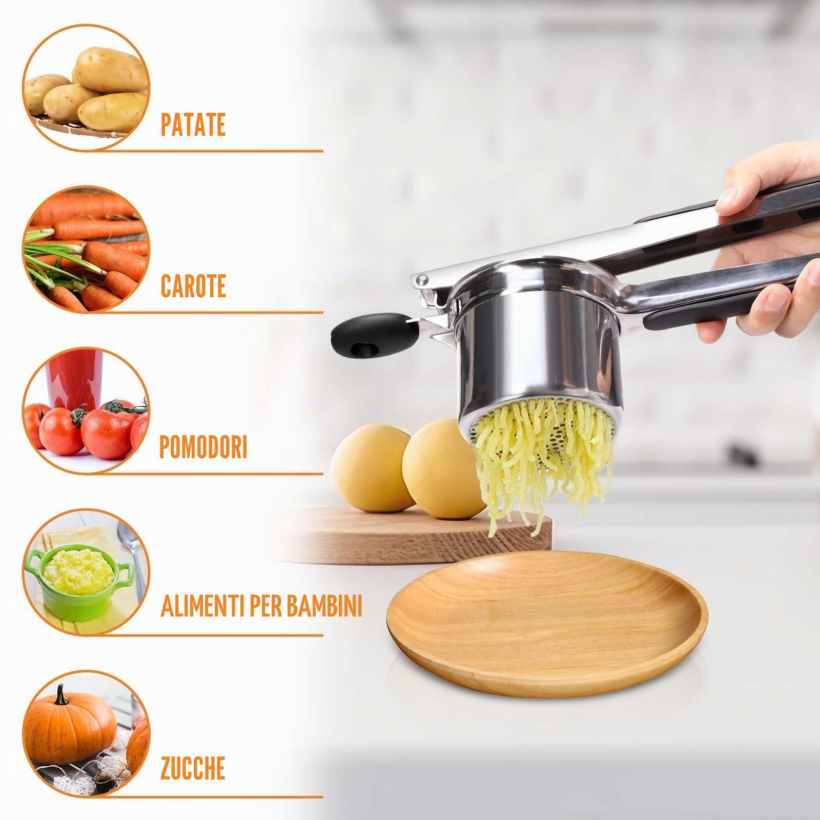 Schiacciapatate Manuale, Pressa Manuale per Patate in Acciaio Inox con 3 Colini Sostituibili per Purè di Patate, Frutta, Verdure, bébé