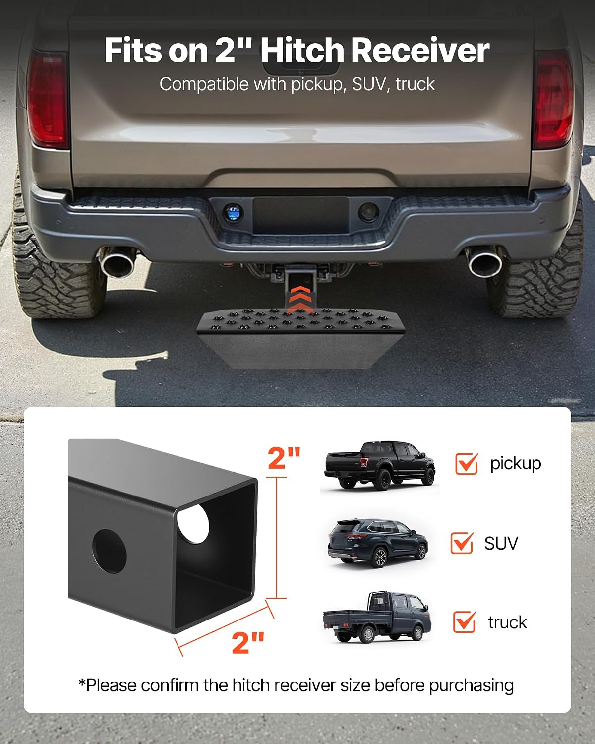 VEVOR Hitch Step for 2 Inch Receiver, Universal Rear Bumper Guard Protector with 350 LBS Load Capacity, Wide & Non-Slip Tow Hitch Step with Pin Kit and Stabilizer, Fit for Truck, SUV, Pickup, Trailer