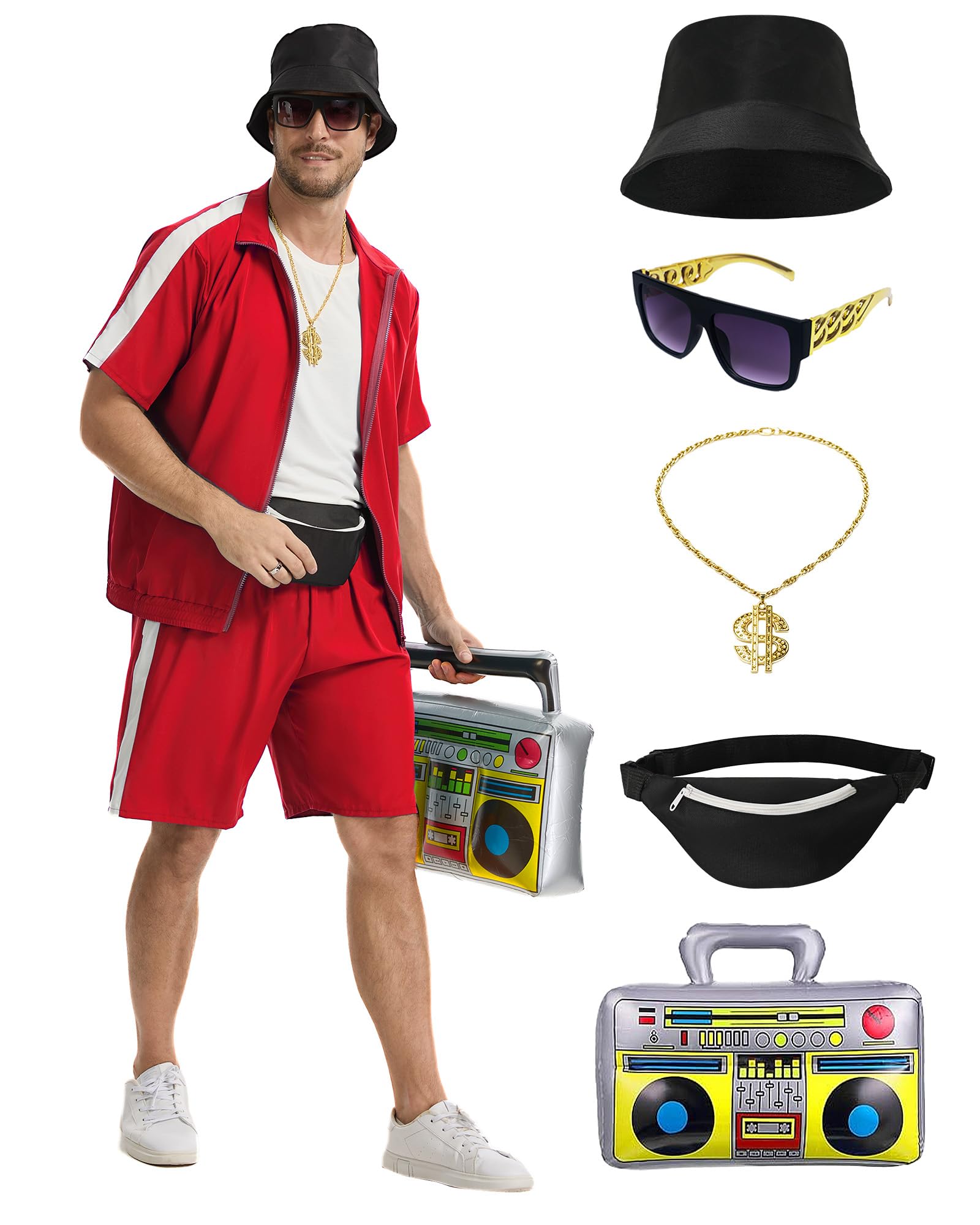 Crubelon 80s 90s Hip Hop Costume Set for Men, Rapper Tracksuit Outfit with Accessories, Retro Street Dance Party Fancy Dress, Stand Collar Jogging Suit (Rot, XL)