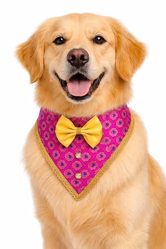 Tails & Tickle Premium Dog Bandana with Bow | Adjustable Velcro Pet Bandana Collar | Soft Cotton Lining, Brocade Fabric Festive Bandana for Small & Medium Dogs | Wedding & Festival Wear (Blossom, M)