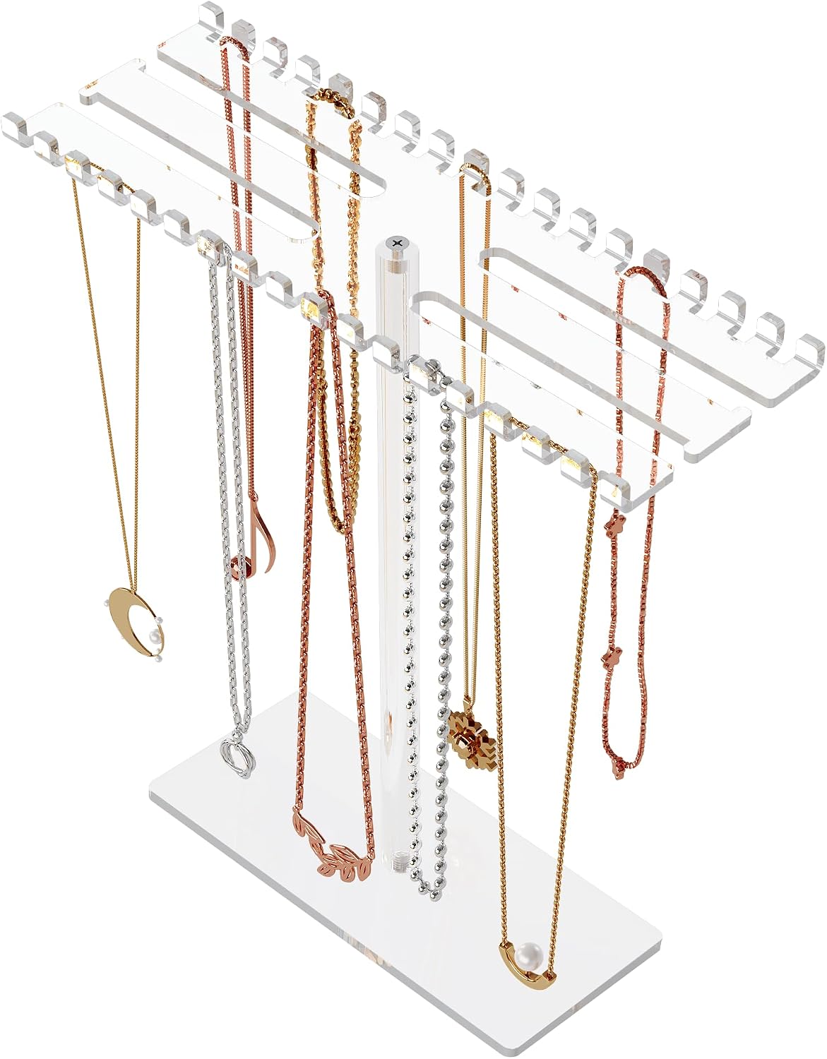 NiHome Clear Acrylic Necklace Organizer, 36 Hooks Jewelry Holder for Necklaces, Bracelets, Rings, Hair Accessories, Space-Saving High Transparency Jewelry Display for Countertops and Display Cabinets