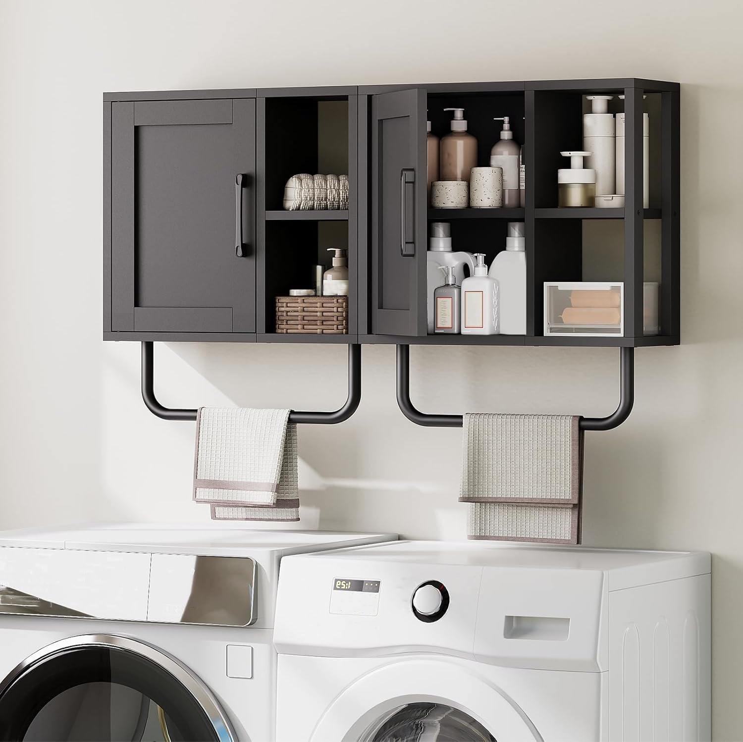 Medicine Cabinet, Bathroom Wall Cabinet with Towel Bar, Adjustable Shelf and Open Partition, Over The Toilet Storage Cabinet, for Bathroom, Laundry Room, Living Room, Kitchen, Black