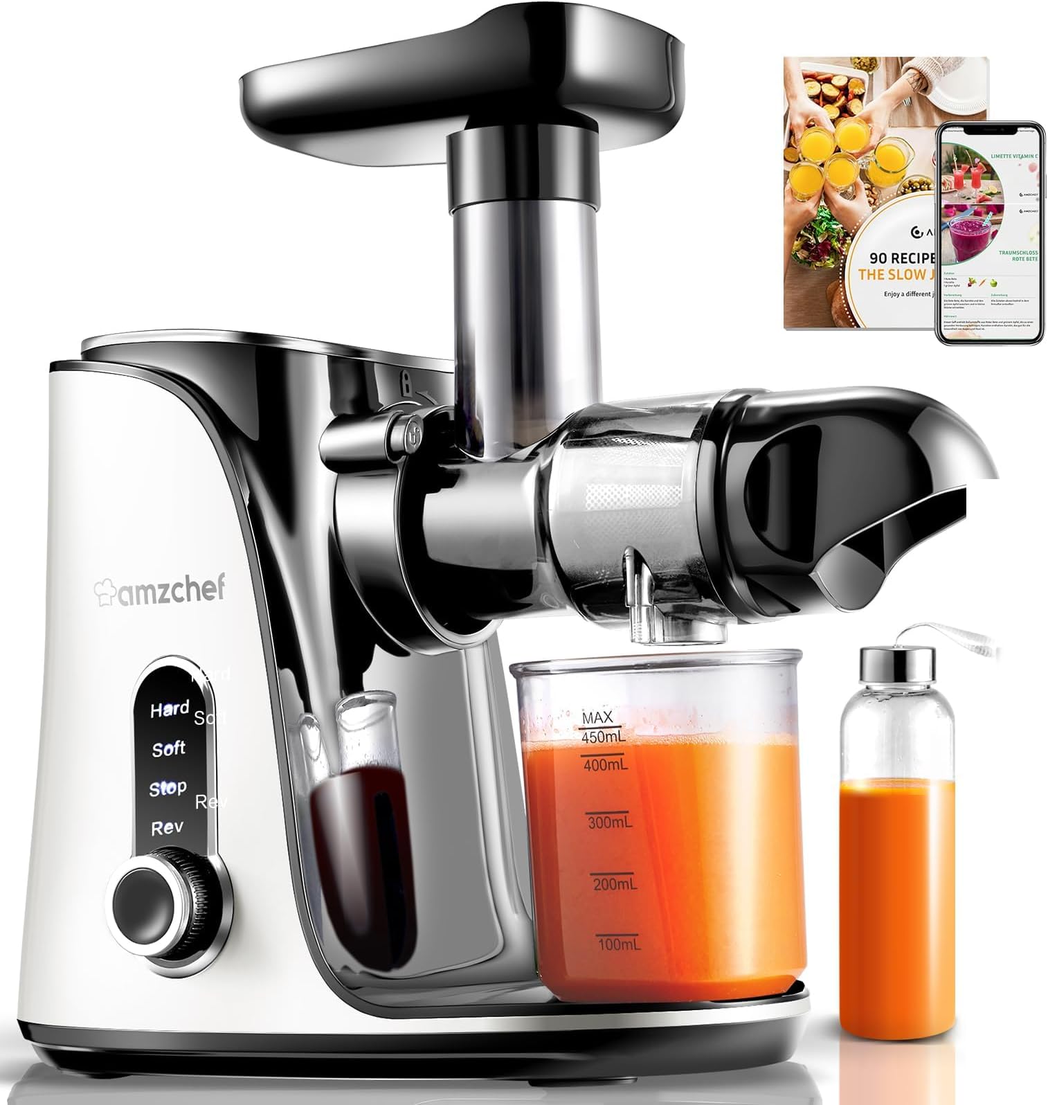 Juicer Machines, AMZCHEF Slow Cold Press Juicer with 2 Speed Modes, Travel bottles(500ML), LED display, Easy to Clean Brush & Quiet Motor for Vegetables & Fruits, White