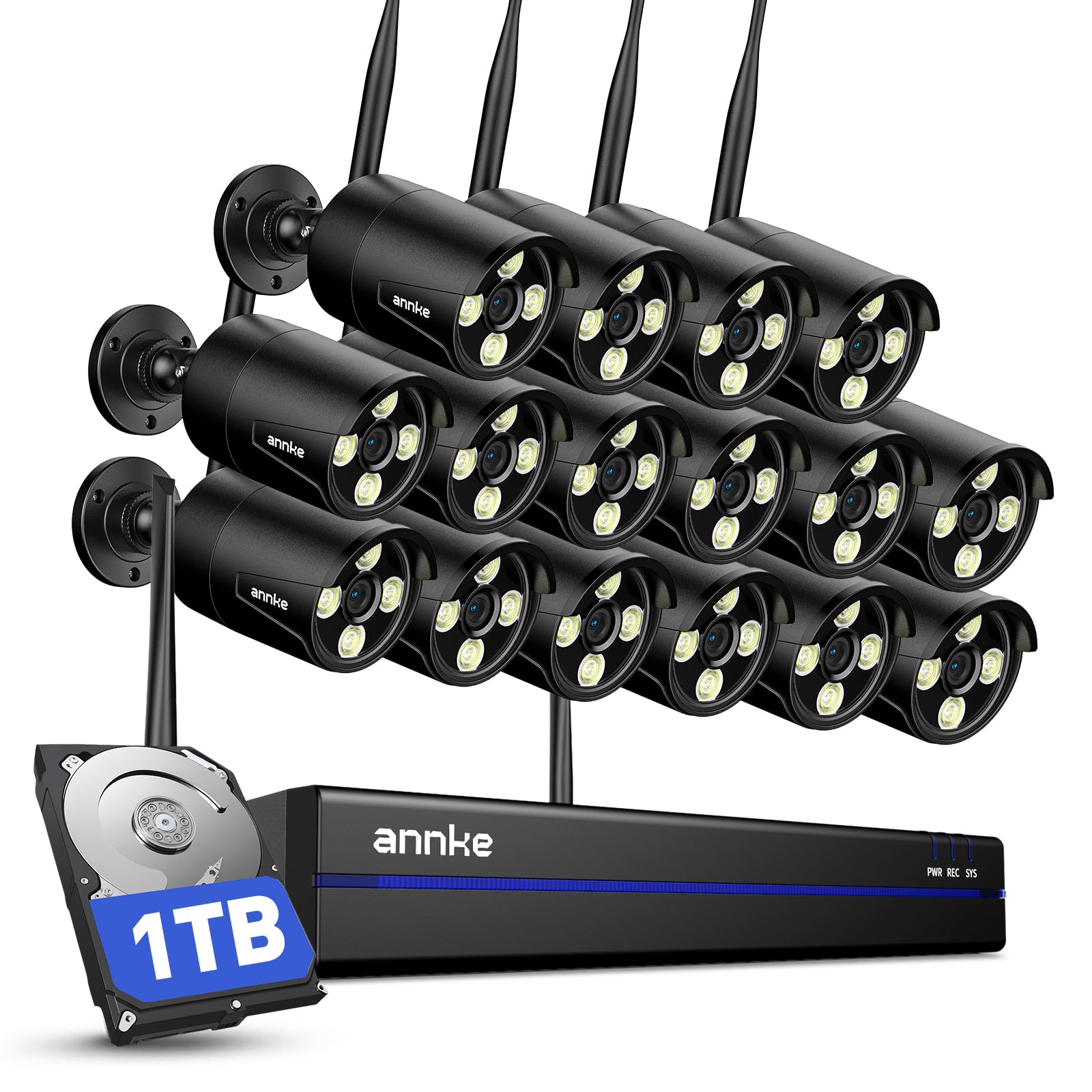 ANNKE Wireless Security Camera System-16CH Expandable 4K Security NVR, 16Pcs 2K Outdoor Cameras, 2-Way Voice, Motion Alert, Weatherproof, Mobile App-Controlled for Indoor/Outdoor Use, 1TB