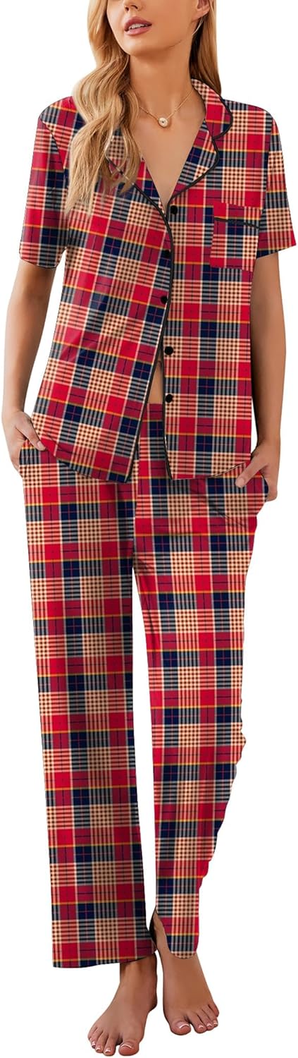 Ekouaer Womens Pajamas Set Plaid PJs Soft Button Down Sleepwear Short Sleeve Nightwear with Long Pants