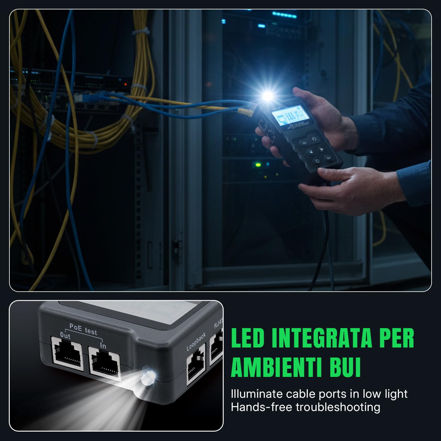Tester di Rete RJ45,Tester Cavi LAN con LCD & Funzione POE Test per Verificare lo Stato di Cortocircuito, Incrocio e Circuito Aperto dei Cavi di Rete