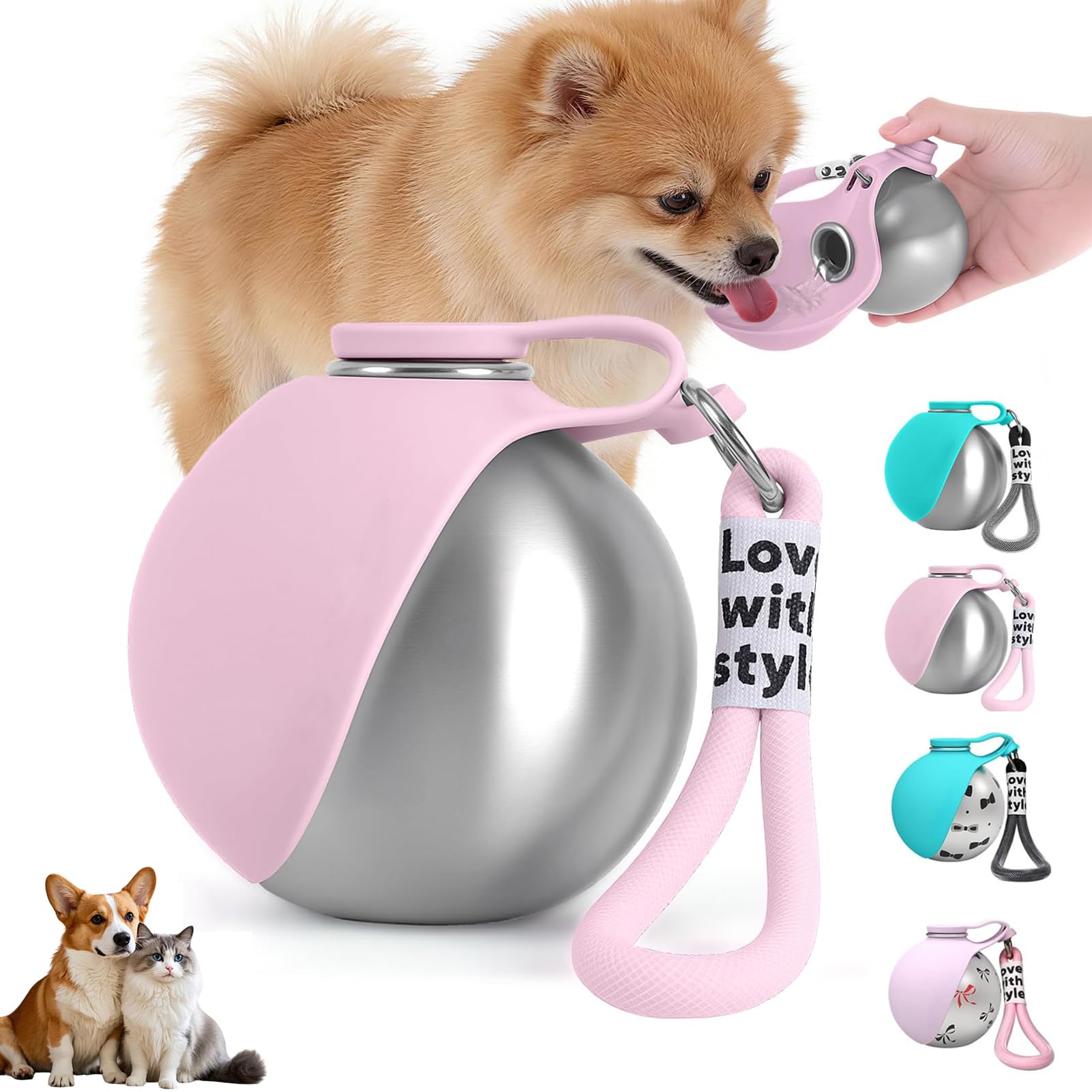 Trinkflasche Hunde für Unterwegs, Hundetrinkflasche für Unterwegs mit Silikonnapf, 285ML Edelstahl Auslaufsichere Hunde Trinkflasche für Katzen&Hunde Spaziergänge und Wanderungen