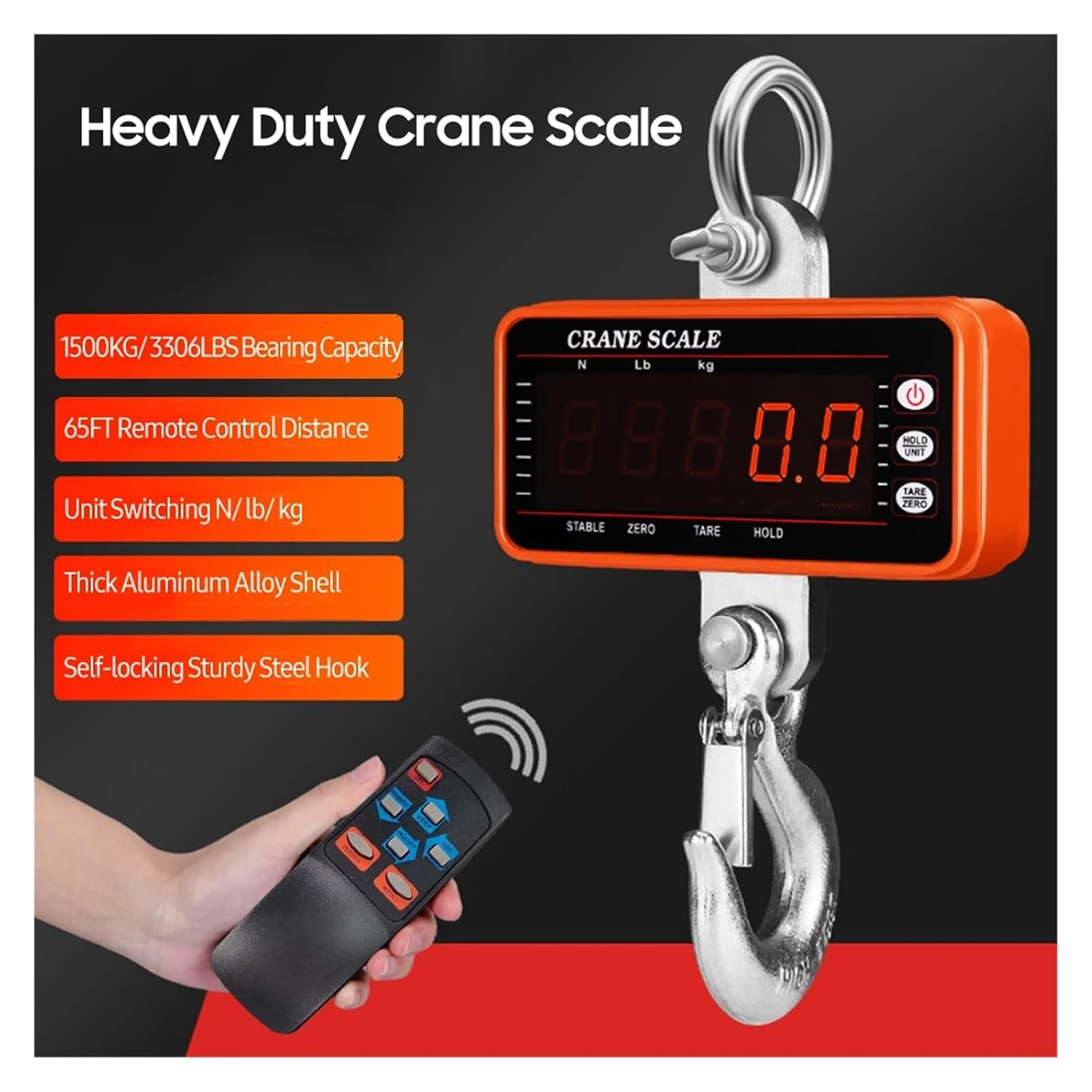 Digital Crane Scale, 1500kg/ 500kg Digital Hanging Scale Remote Control Heavy Duty Crane Scale Dimmable LED Industrial Hook Scales Electronic Scale,for Farm Hunting Fishing,500kg-A