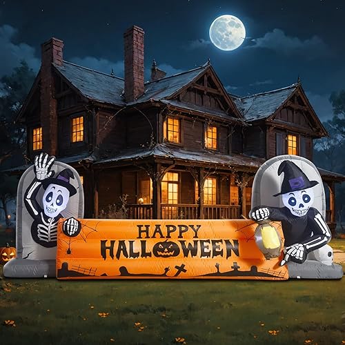 Miniatura 4 de Decoración inflable grande de Halloween de 10 pies, pancarta de lápida de esqueleto, luces LED integradas, decoración de patio inflable para
