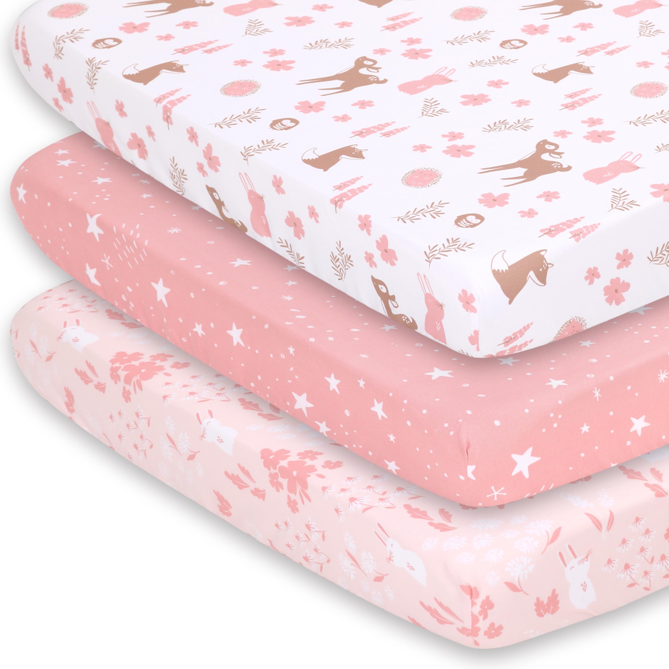 The Peanutshell 3-Pack Fitted Playard Sheets - Soft &amp; Breathable Baby Girl Mini Crib Sheets, Pack N Play Mattress, Fits Standard Playard Pack Play Mattresses - Woodland Floral