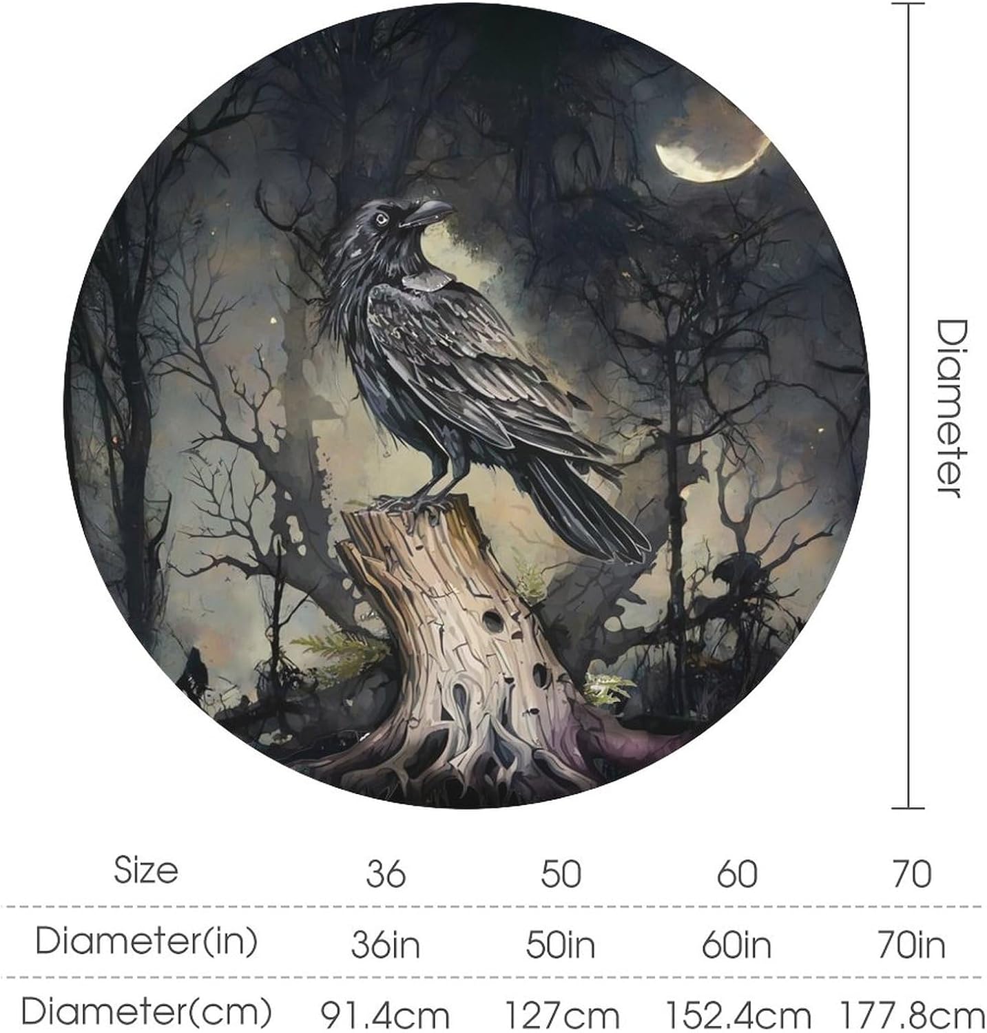 Raven Crow Halloween Round Tablecloths 50x50in Inch for Kitchen Dinning Decor Washable Reusable Watercolor Creepy Crow with Dead Tree and Full Moon Starry Night Table Cloth Round