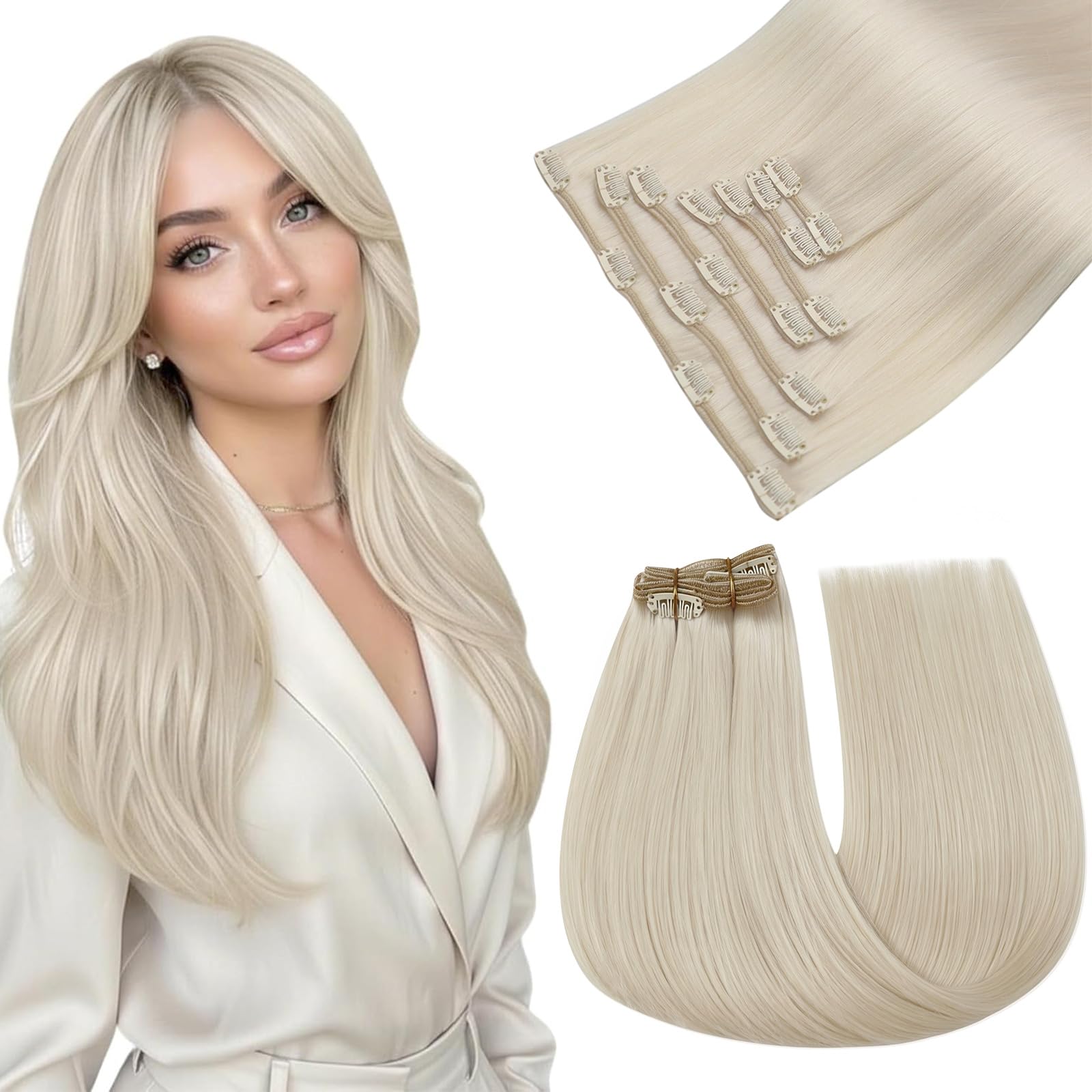 Easyouth Clip in Extensions Echthaar Blond Echthaar Clips in Extension Platinblond Clip in Remy Menschenhaar Extensions für Damen 7pz 40cm 120g #1000
