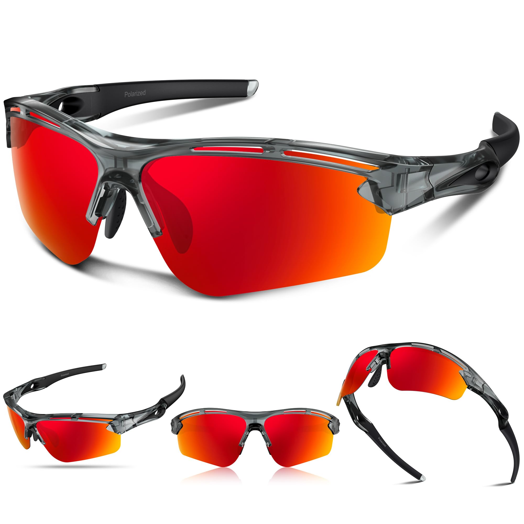 Polarized Sports Sunglasses for Men Women UV400 Protection for Running Cycling Fishing Hiking TR90, Grey Red, One Size