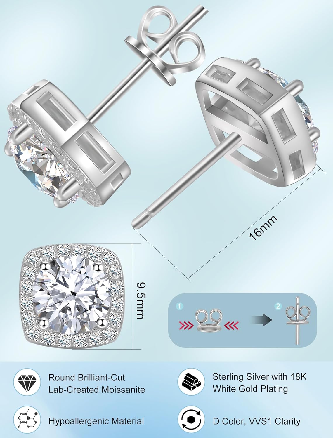 QUEENOU Moissanite Stud Earrings, VVSI Quality D Color Round Cut, Lab Created 925 Sterling Silver with 18K White Gold Plated, Double Halo Design – Idea Gift for Women Men - Image 2
