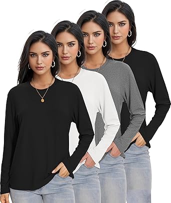 33% off: 4 Pack Womens Long Sleeve Shirts Tops Loose Fit Basic Crew Neck Tee T Shirts …