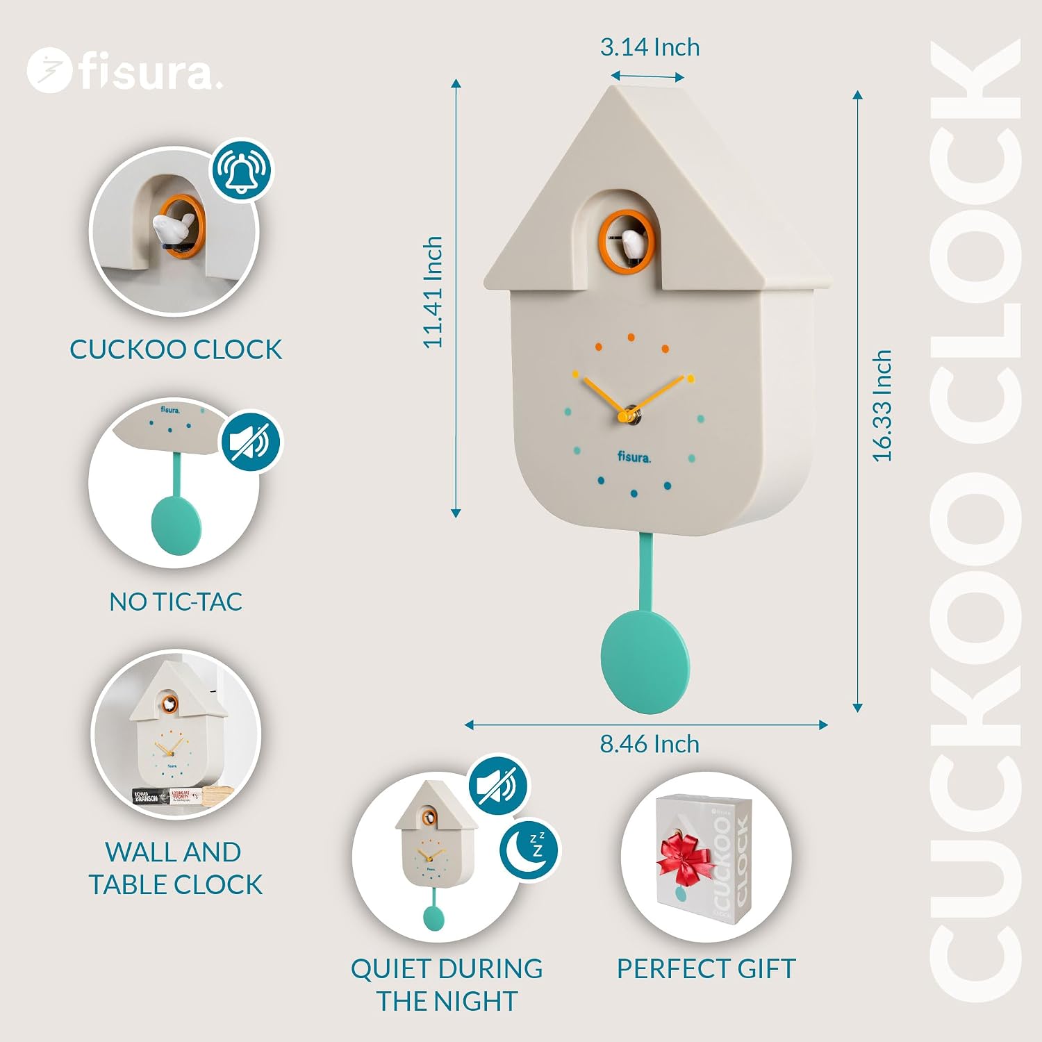 Fisura – Cuckoo Wall Clock with Color. Unique Analog Timepiece with Pendulum in ABS Plastic, Decorative Gift idea for Home. 8,5 x 3,1 x 16,3 inches. 3 AA Batteries (not Included). (Rainbow)