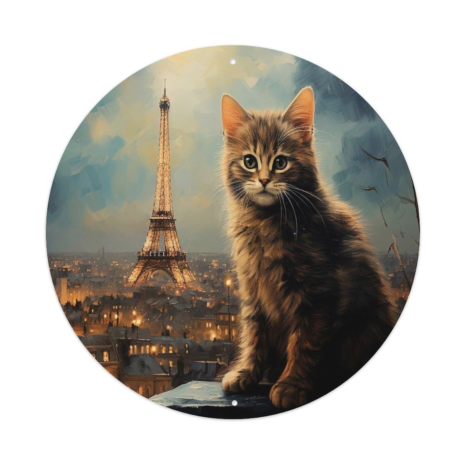 Animal Art Poster Cat with Paris Tower Vintage Metal Tin Sign Plaque Wall Decor for Cafe, Club, Garden Round Metal Poster 8x8Inch
