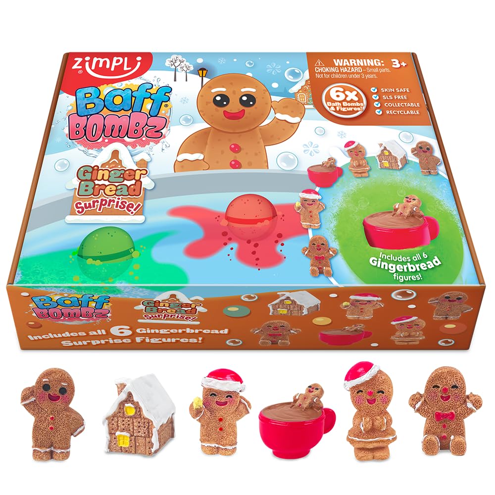 ZIMPLI, 6 x Christmas Surprise Bath Bombs Gingerbread Xmas Gift Set, 1 of 6 Gingerbread Toys to Collect