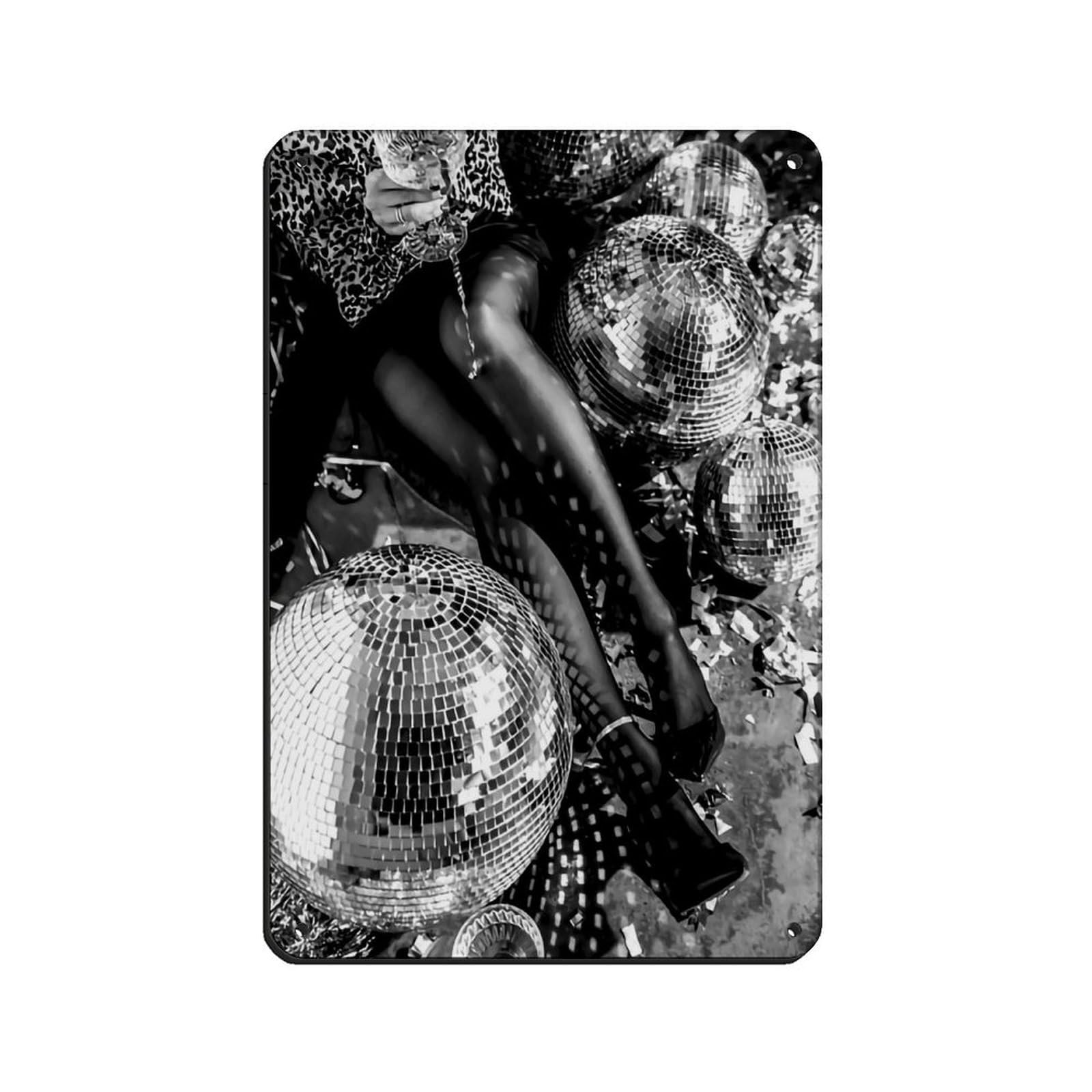 Cocktail And Disco Ball Poster Retro Poster Metal Tin Sign Chic Art Retro Iron Painting Bar People Cave Cafe Family Garage Poster Wall Decoration 8x12inch(20x30cm)