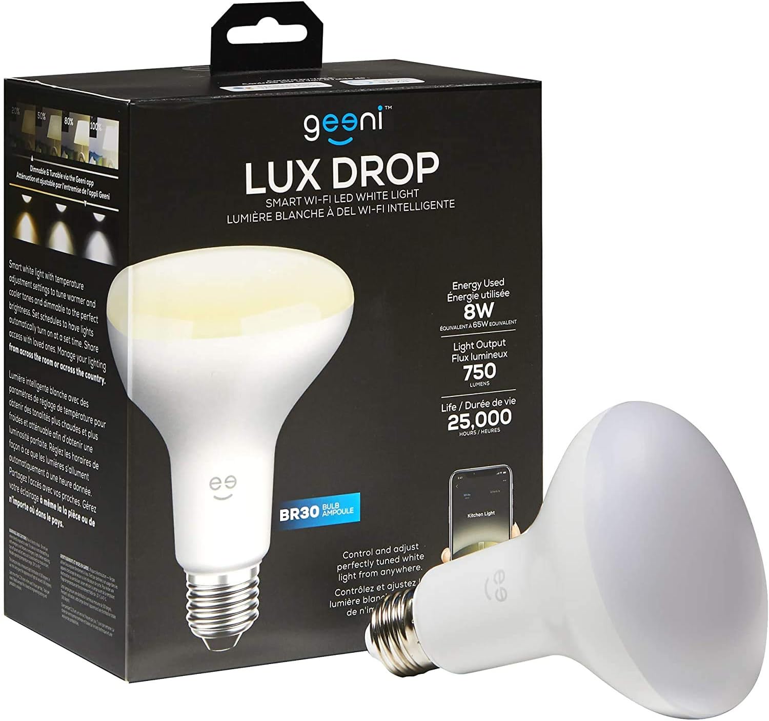 8W BR30 Medium Base White Dimmable Lux Drop Smart LED Light Bulb