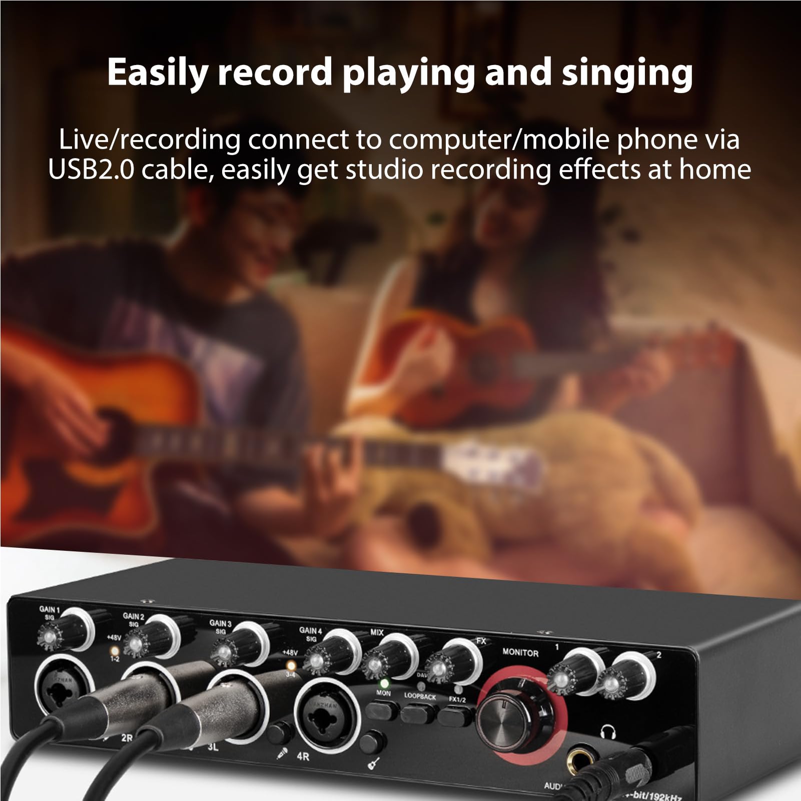 HUIOP Tarjeta de sonido de grabación de 4 canales con interfaz de audio libre de controlador, 4-en 4-out tarjeta de sonido USB 24 bit/192khz 48V alimentación fantasma para grabación profesional de