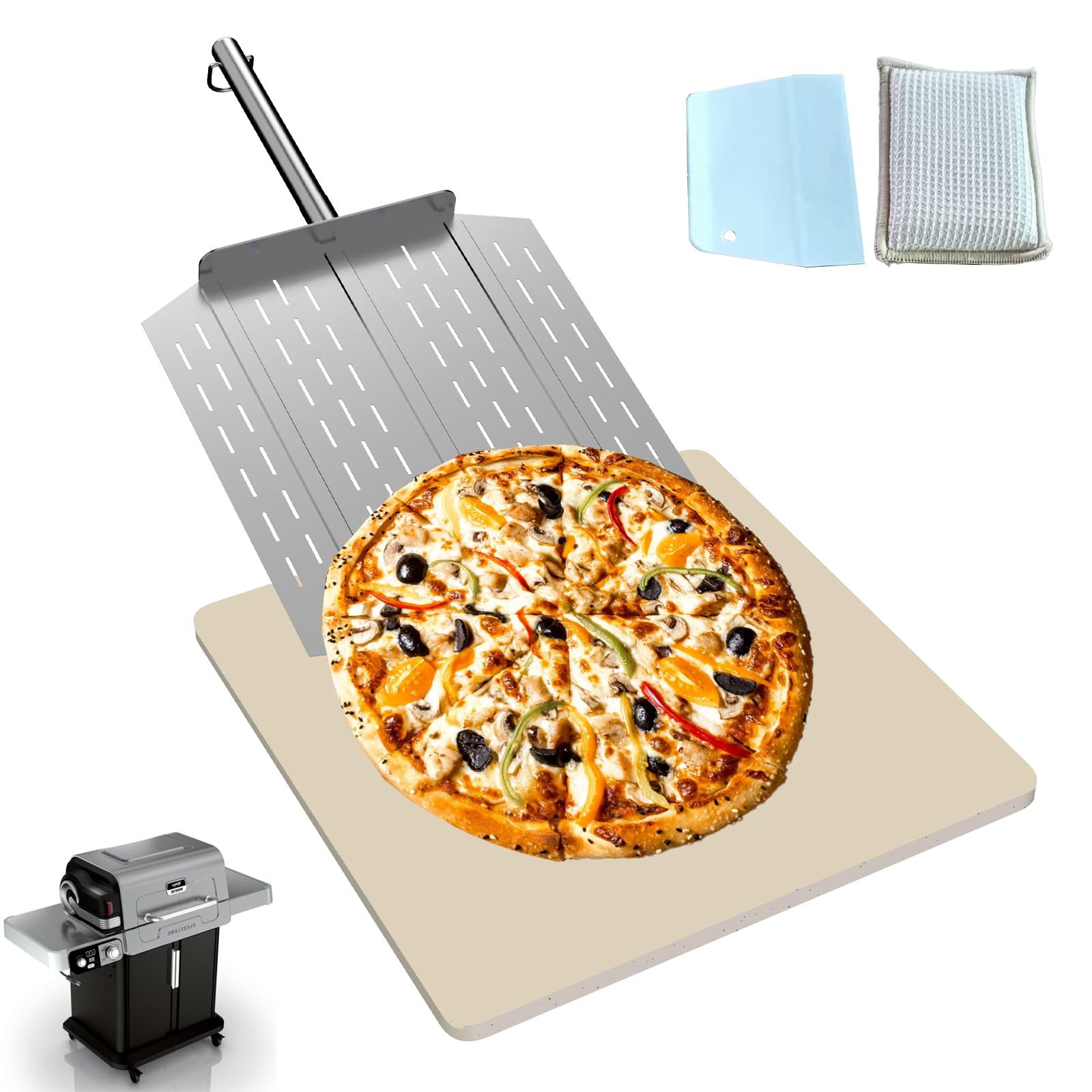 40,6 cm quadratischer Pizzastein für Ninja FlexFlame Grill und Ofen, Universal Großer Keramikstein mit Pizzaschieber & Kunststoffschaber für Ninja Flex Flame Zubehör, Kit zum Kochen von Brot, Calzones