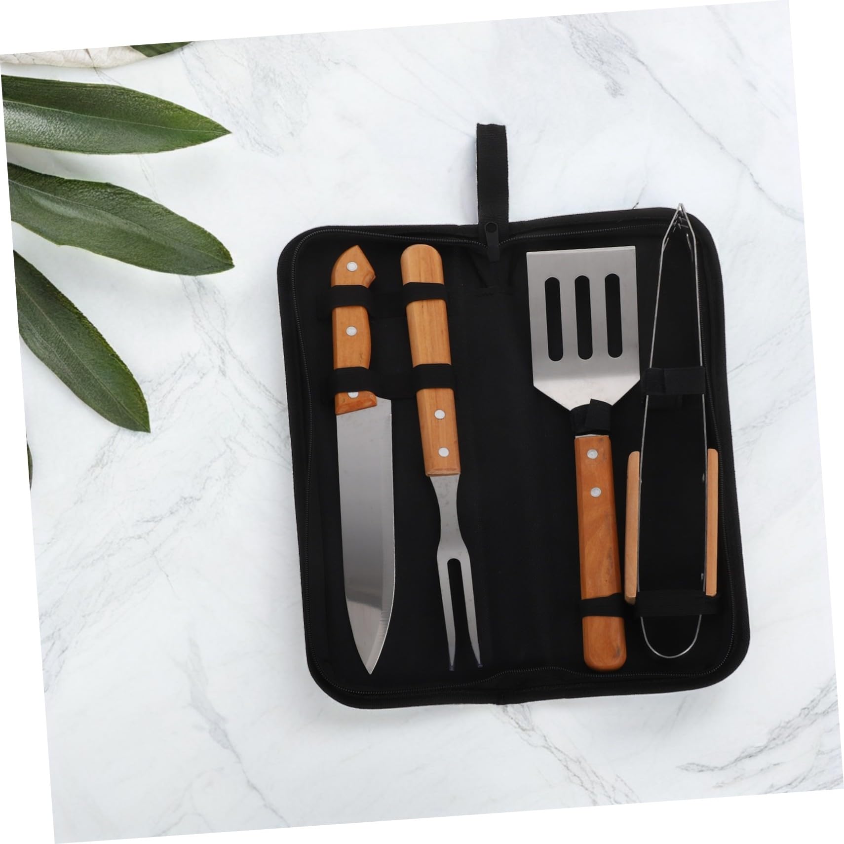 STOBAZA Grillbesteck mit Holzgriff Outdoor Barbecue Werkzeug mit Spatel Zange Fleischschneider Tragbares Grillzubehör mit Praktischem Tragebeutel für Camping und Garten