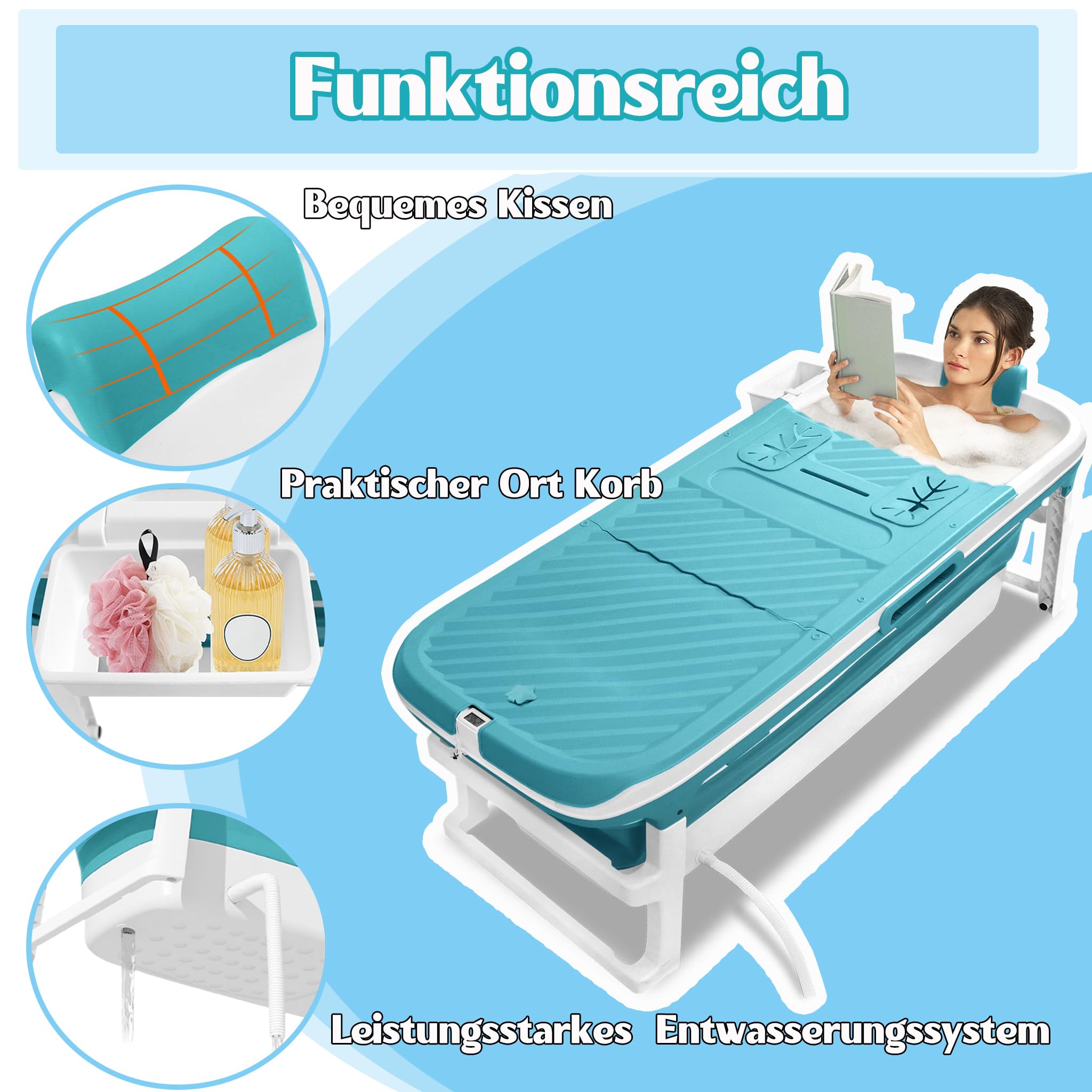 Schwänlein Opvouwbare badkuip voor volwassenen, ideaal voor kleine badkamers, praktisch en draagbaar, 117 x 62 x 55 cm, blauw Schwänlein Opvouwbare badkuip voor volwassenen, ideaal voor kleine badkamers, praktisch en draagbaar, 117 x 62 x 55 cm, blauw