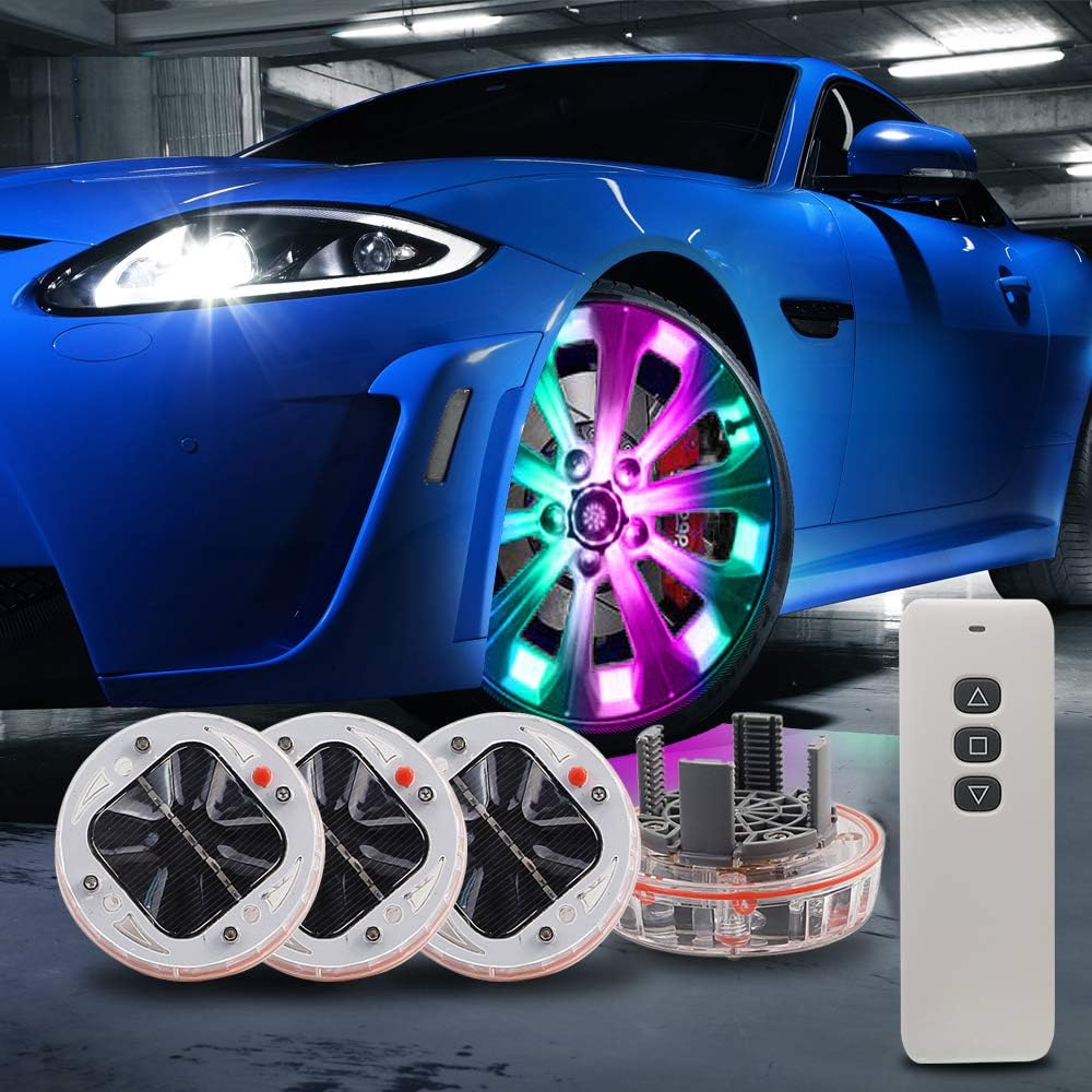 LEADTOPS Car Tire Wheel Center Caps Lights, 4 pack Solar Car Wheel Tire Hub Cap Light Motion Sensors LED Tire RGB Flashing Colorful Exterior Lamp RF Remote Control