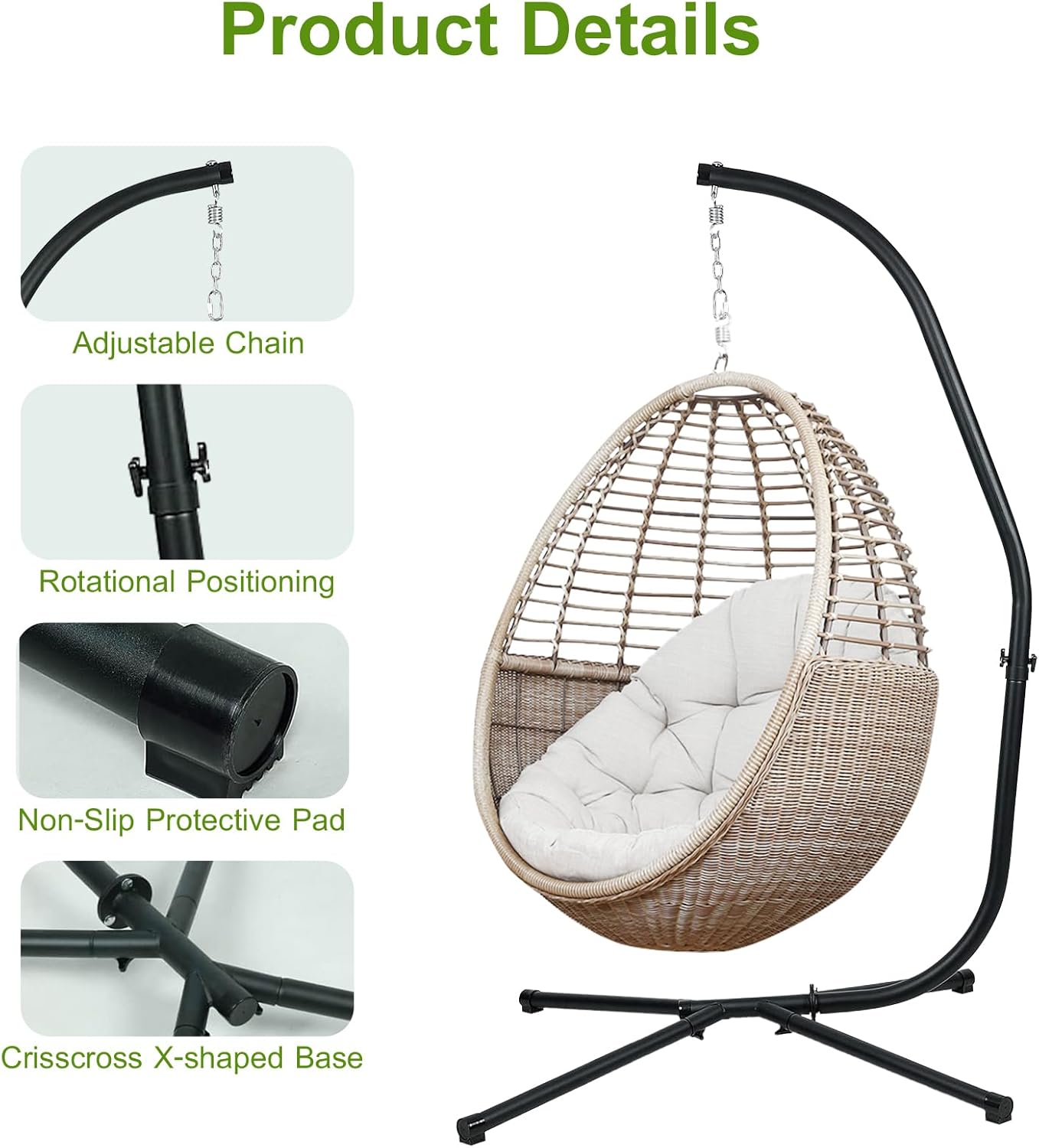 Hammock Chair Stand Only, Heavy Duty Steel C-Stand with Spring Hook, Max Load 300lbs, for Indoor, Outdoor, Black