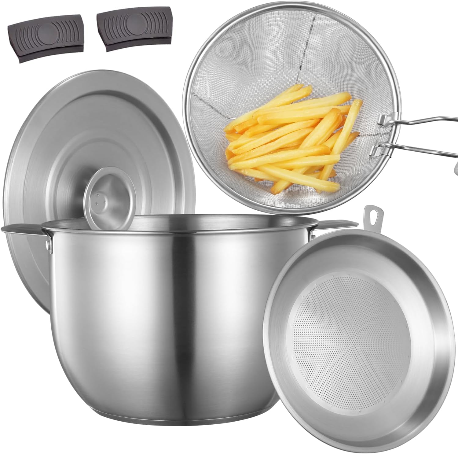 Deep Fryer Pot with Basket Lid and Strainer Stainless Steel Stove Top Fryer Versatile Oil Filter Pot with Handle Jumbo Bacon Grease Saver Container oil drippings lard ghee oil 1 Gall / 4Qt / 3.8 Lt