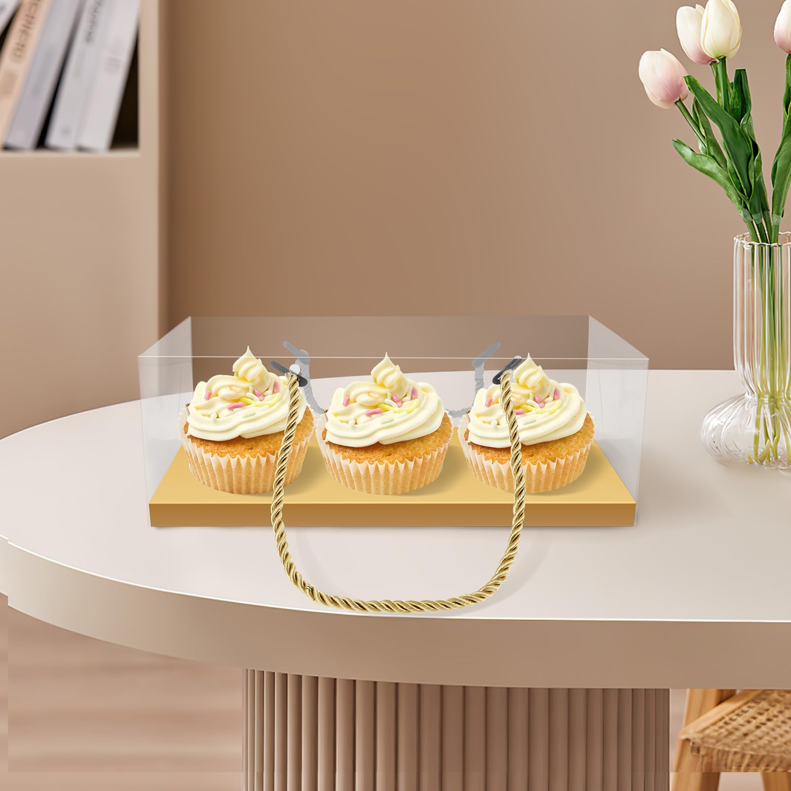 NZWBSHSSP 20Pcs Clear Cupcake Containers Boxes - 3 Hole Standard Cupcake Holders with Handle for Muffin, Party, Wedding, Cake Shop (Gold)