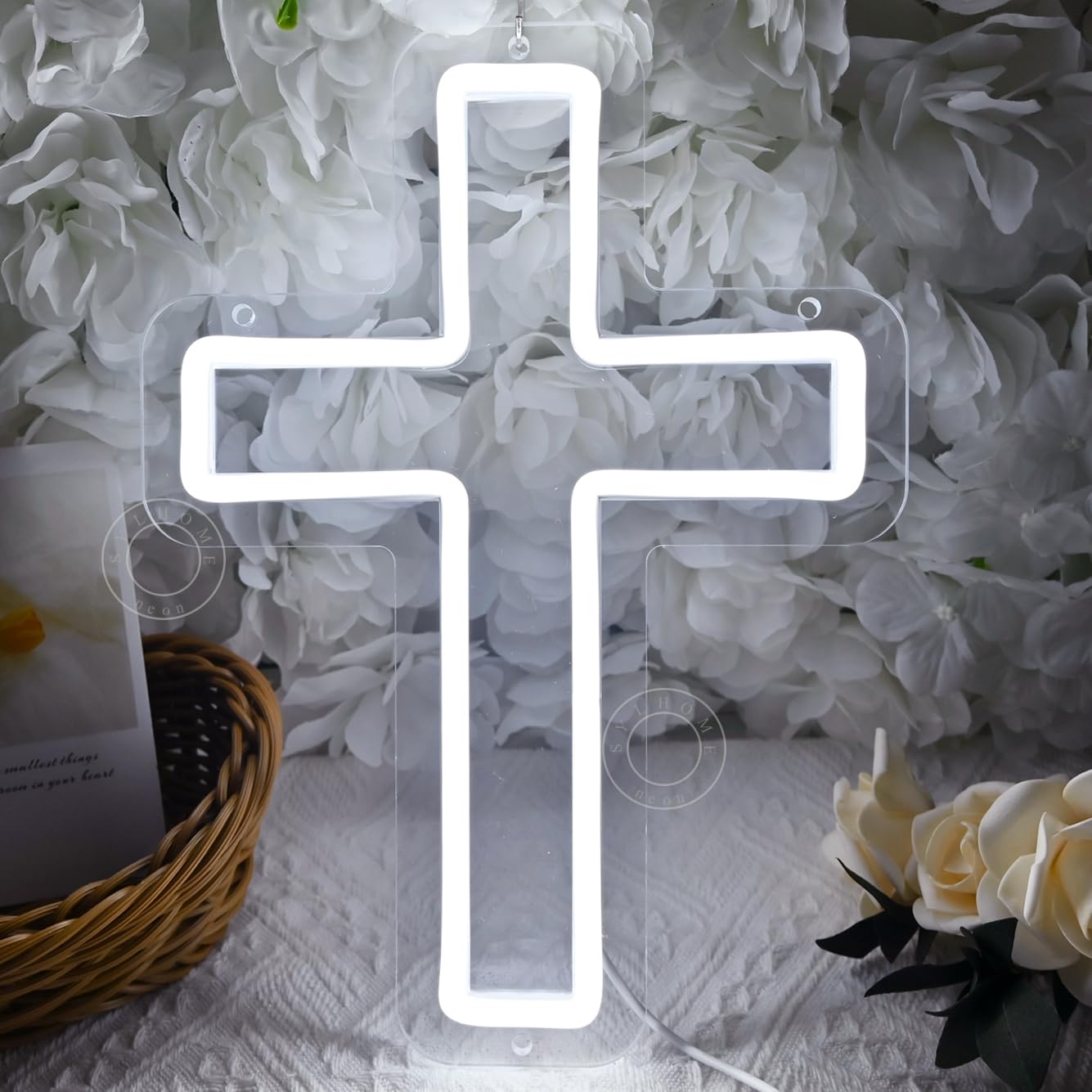 SYLHOME Cross Led Neon Light Sign Kids Bedroom Nursery Wall Sign Decor Christening Baby Shower Wedding Birthday Christmas Party Backdrop Gifts 11.8" X 8.66" USB Cold White — image 1
