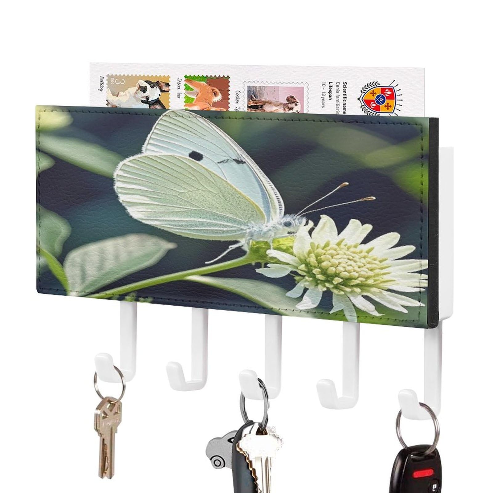Fekiloot White-Style White Butterfly Key Holder Wall Mount Key And Mail Holder Key Hanger With 5 Hooks Decorative Pu Key Rack Hanging Key Hooks For Wall Living Room Kitchen Bathroom Hallway