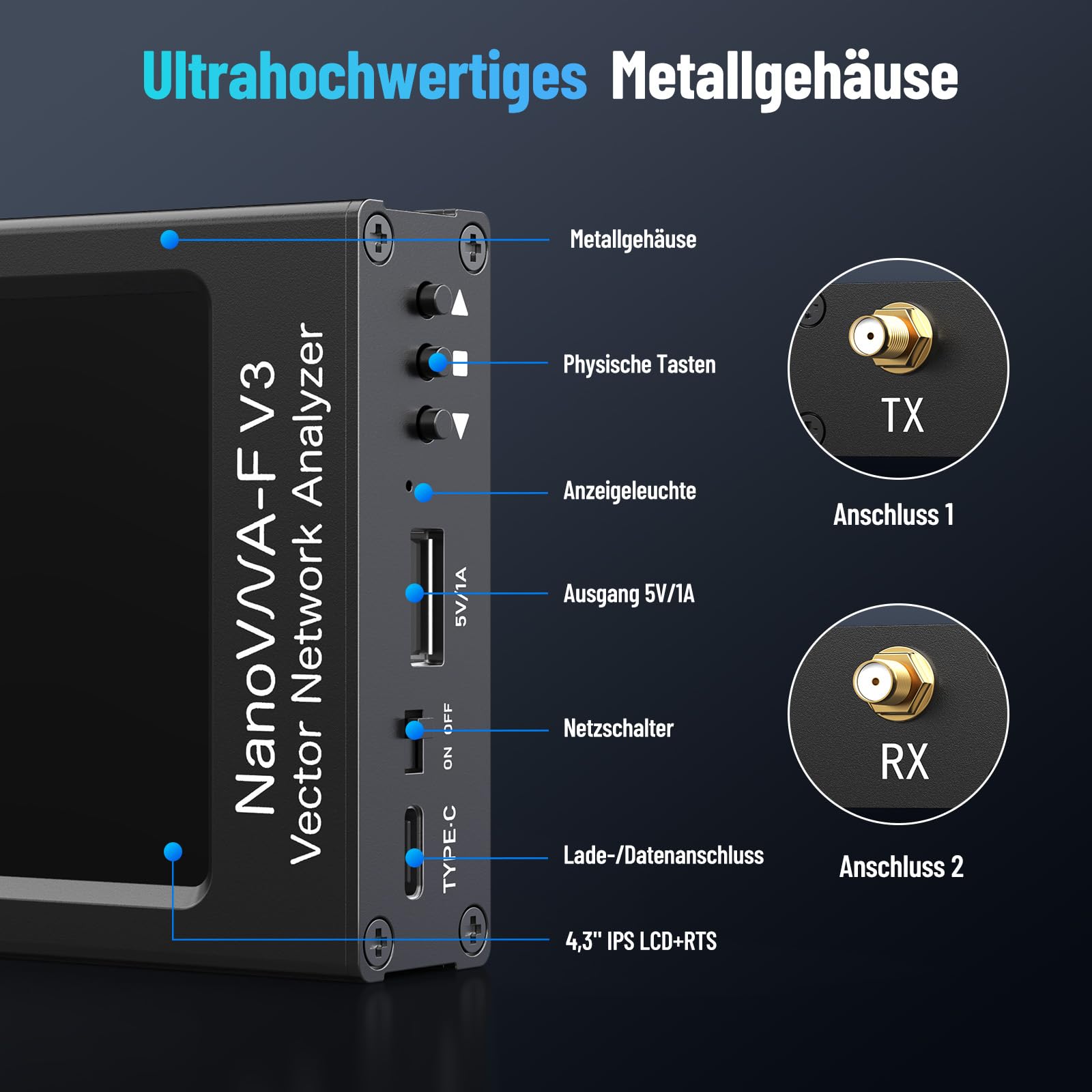 Seesii NanoVNA-F V3 Antennenanalysator, Aufgerüsteter Vektor-Netzwerk-Analysator 1MHz-6GHz 4,3 Zoll HF VHF UHF VNA Für S-Parameter Spannung SWR Phase Delay, Smith Chart