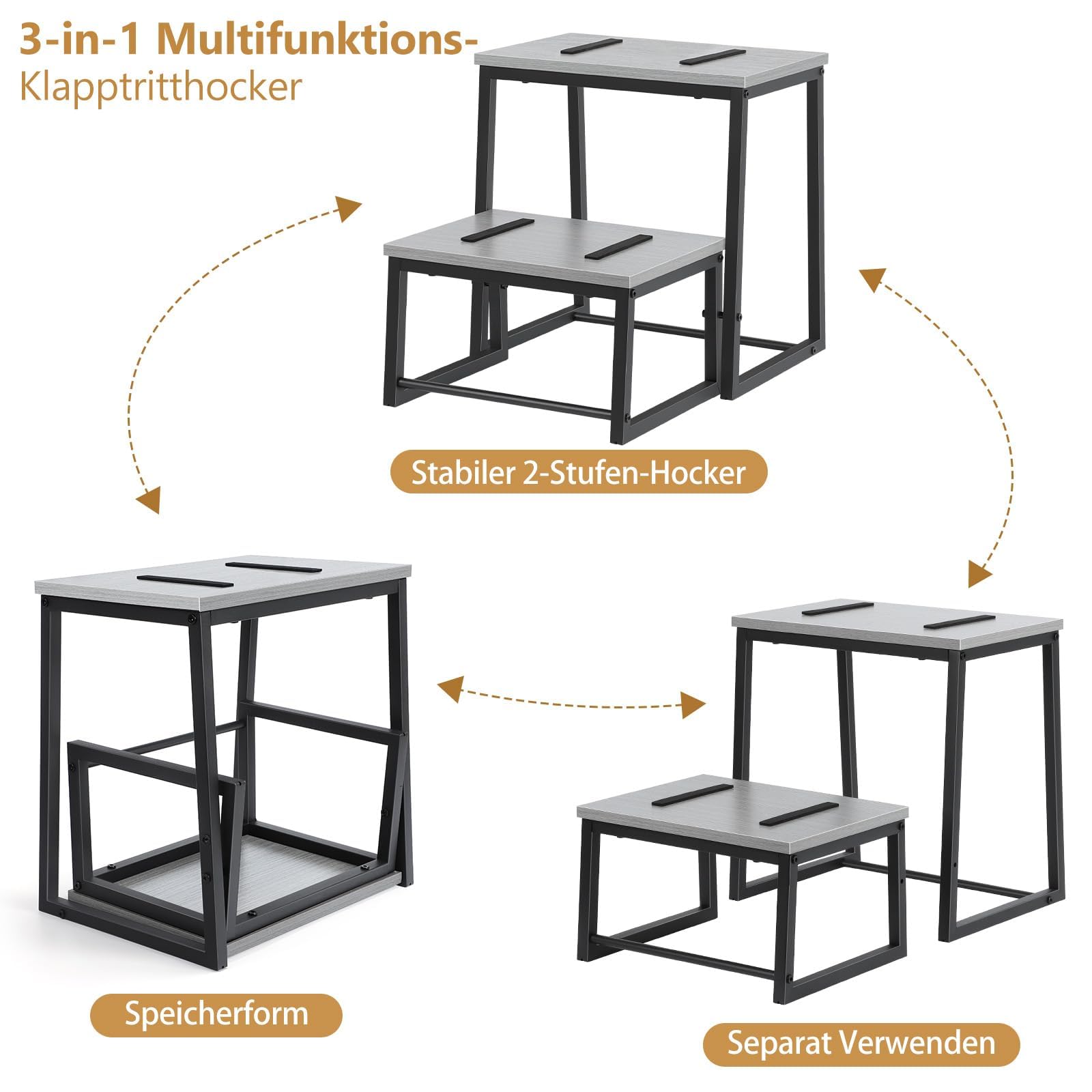 smusei Sgabello pieghevole a 2 gradini, per adulti e bambini, 3 in 1, stabile, in legno, rimovibile, per cucina, bagno, camera da letto, WC, capacità di carico 200 kg, colore: grigio