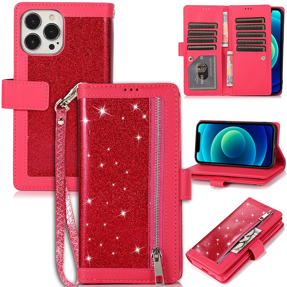 Kruysozz Bling Wallet Phone Case for iPhone 13 Pro, Glitter Sparkly Leather Flip Folio Zipper Kickstand Protective Case Book Cover with 9 Card Holder