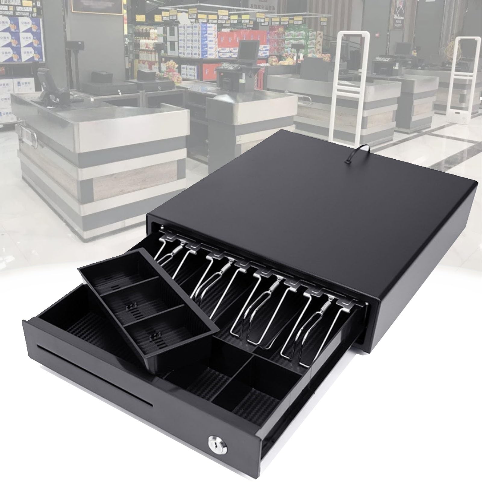 Cassetto per banconote in metallo con operatore di monete, manuale o automatico, 5 scomparti per monete, costruzione in acciaio e plastica per transazioni al supermercato