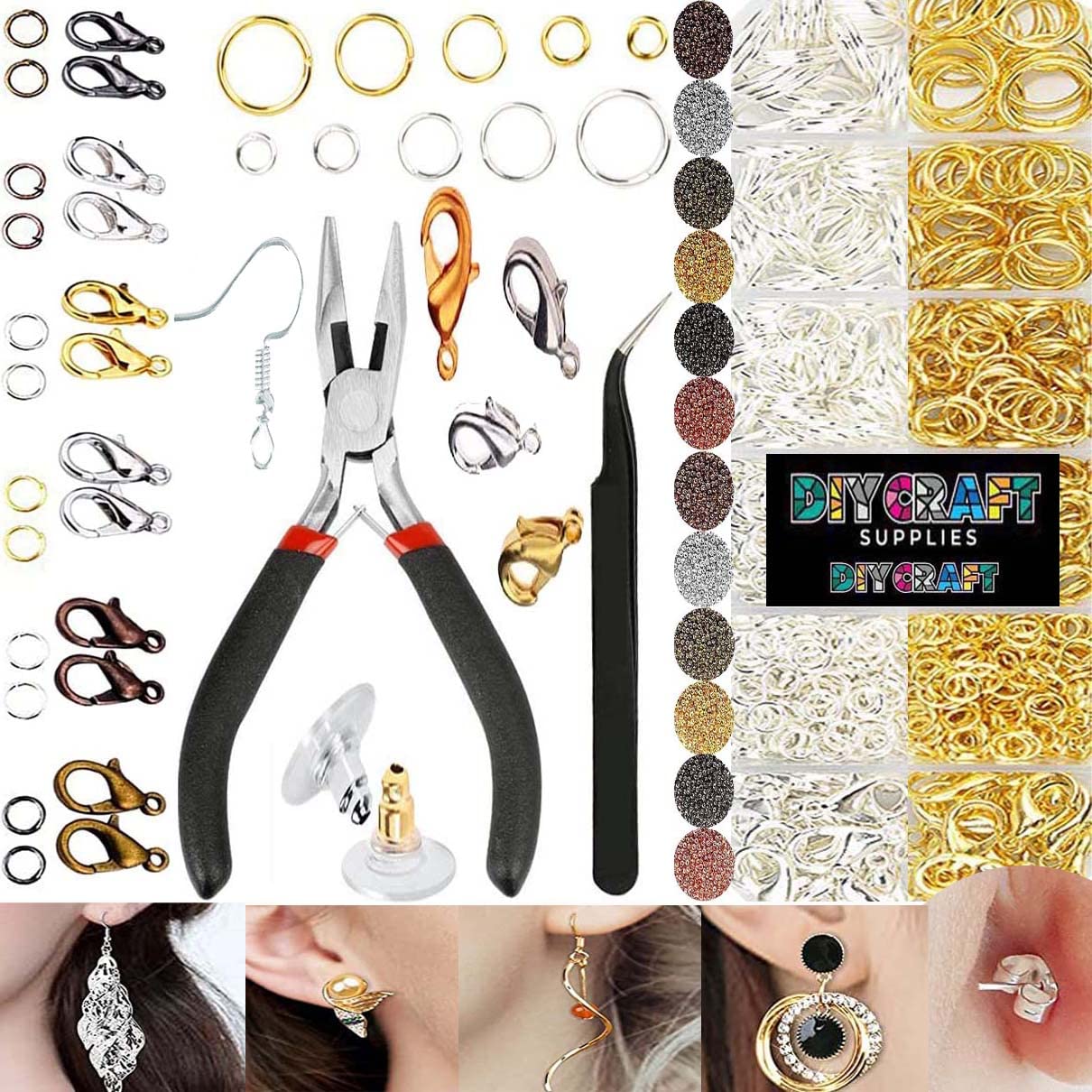 DIY Crafts (400 Grm, Silvery) 1000+ Jump Rings 20 Pcs Lobster Clasps Jewelry Making Tools with Needle Nose Plier, Tweezer, Open Jump Rings Earring Backs Unsorted Size