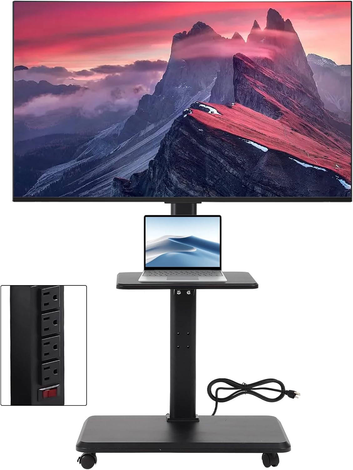 FAHKNS Rolling TV Cart，Mobile TV Stand with Power Outlet，Mobile TV Cart for 32-70 inch TVs up to 88 lbs, Height Adjustable Portable TV Stand on Wheels