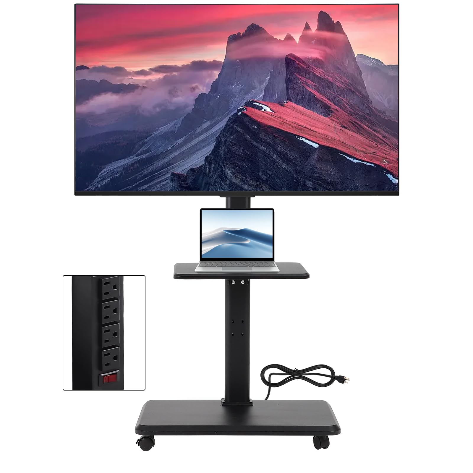 FAHKNS Rolling TV Cart，Mobile TV Stand with Power Outlet，Mobile TV Cart for 32-70 inch TVs up to 88 lbs, Height Adjustable Portable TV Stand on Wheels