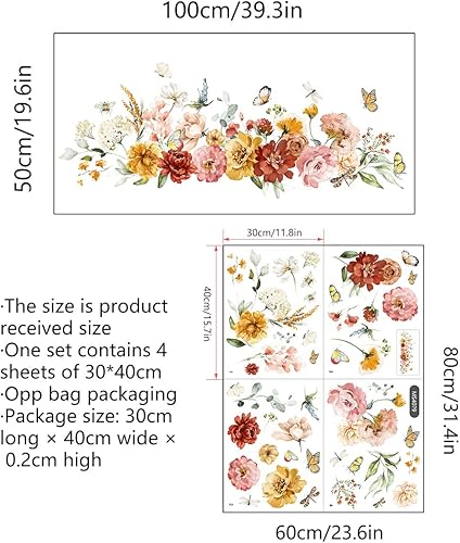 Miniatura 4 de Runtoo Calcomanías de arte de pared de flores de peonía, acuarela, mariposa, floral, calcomanías de pared para dormitorio, sala de estar, bebé,